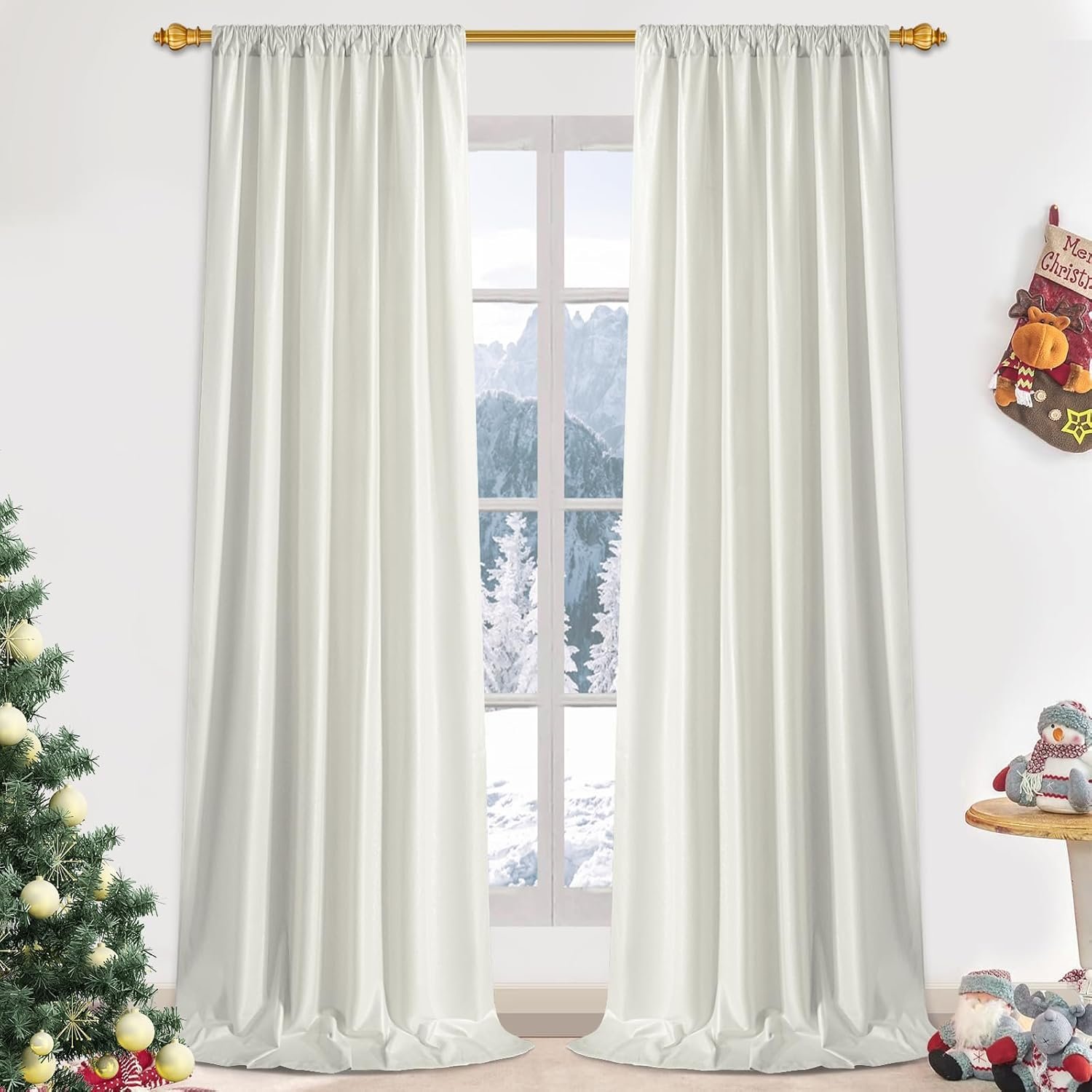FRAMICS Velvet Curtains 84 inch Long, White Foil Print Curtains for Living Room, Blackout Drapes for Bedroom, Thermal Insulated Window Treatments Rod Pocket for Christmas Decor, 52×84 inch