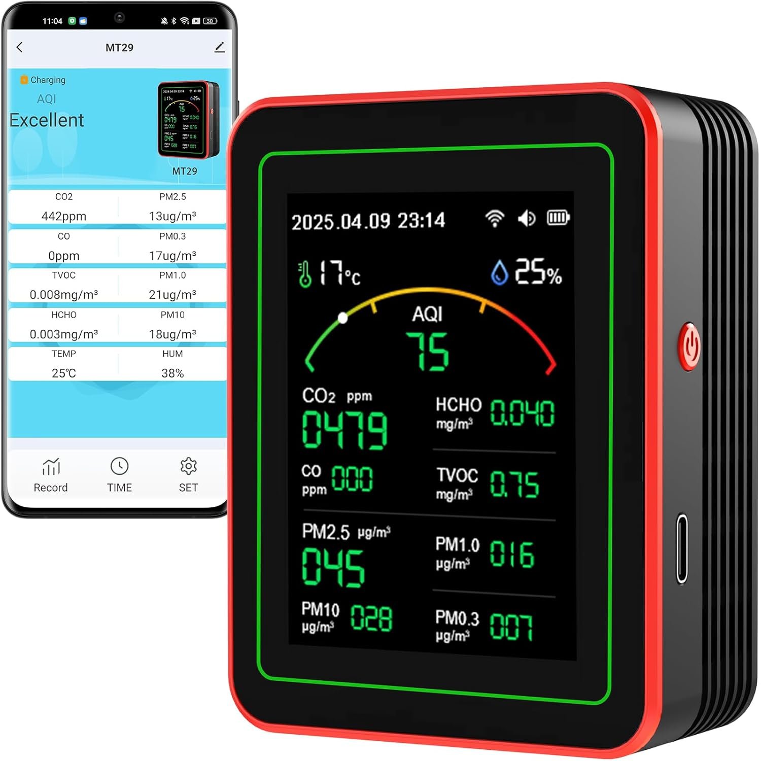 Air Quality Monitor Home Indoor – 15-in-1 Professional Air Meter with HCHO, CO2, PM, TVOC, AQI, Temperature & Humidity, Real-Time Display, App Control, Portable, Accurate for Home & Office Use