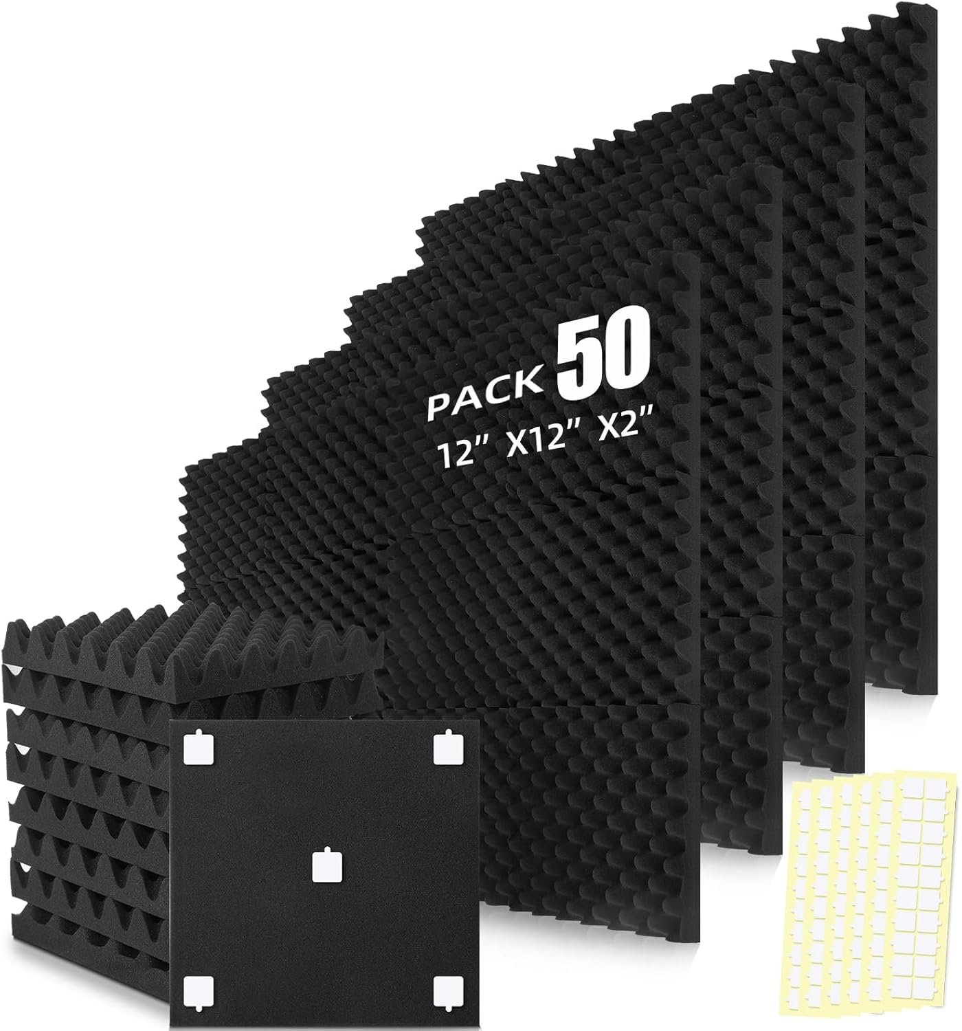 50 Pack Acoustic Foam Panels, 12″x12″x2″ Egg Crate Sound Proof Foam, Sound Absorbing Panels for Studio, Home Theater, Office, Bedroom, Noise Cancelling Wall Panels, Black