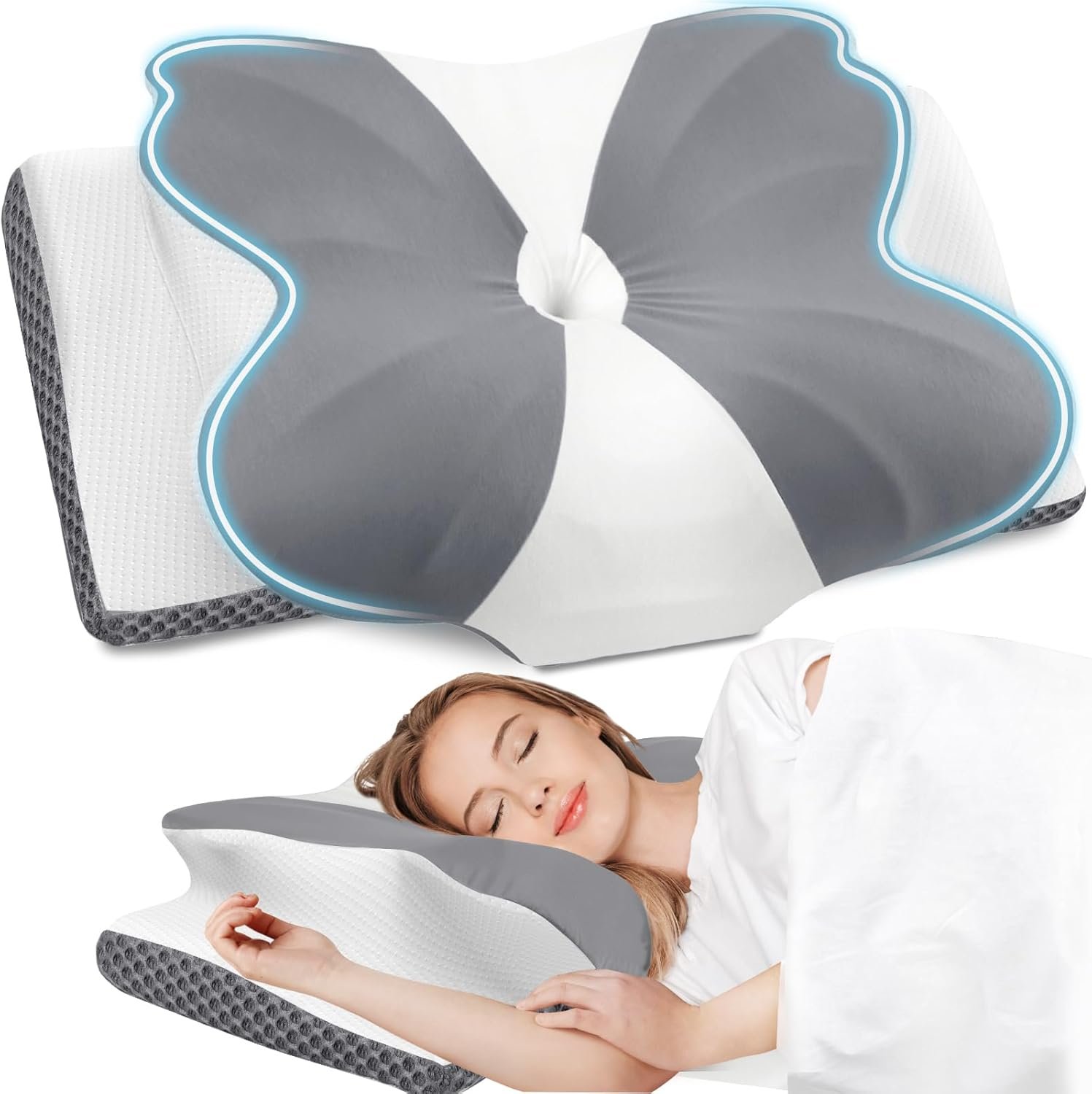 CloudBliss Cervical Neck Pillow for Sleeping, Ergonomic Memory Foam Pillow for Pain Relief Neck Shoulder Support for Side Back Stomach Sleepers, Birthday Gift (Grey, Queen Size)