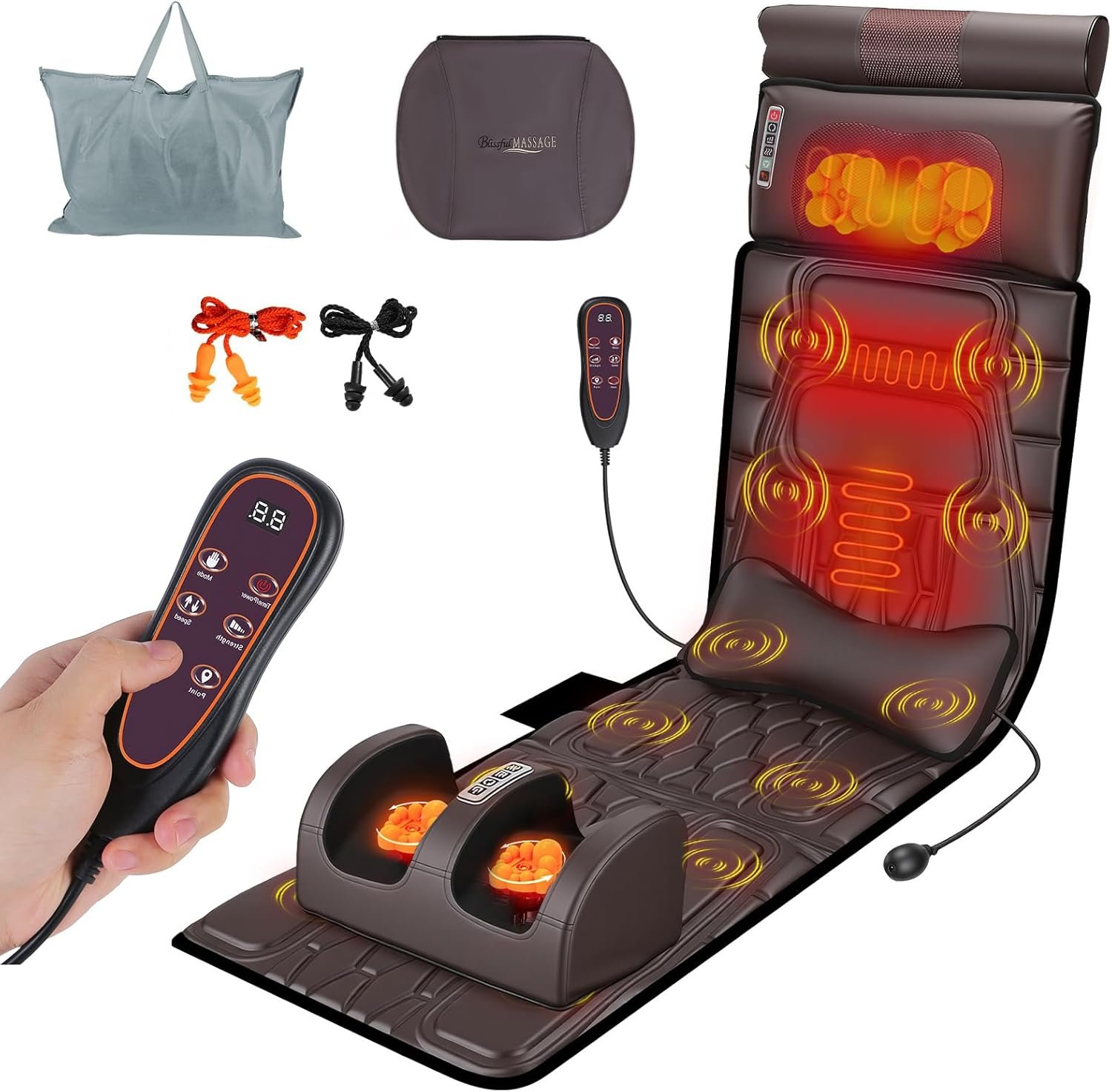 Full Body Massage Mat with Heat &Vibration – PU Leather Shiatsu Back Massager Heat Timer Neck& Foot Massager Lumbar Pillow&Head Pillow Massage Chair Pad Anti-Slip Bottom for Stress Relief (Brown)