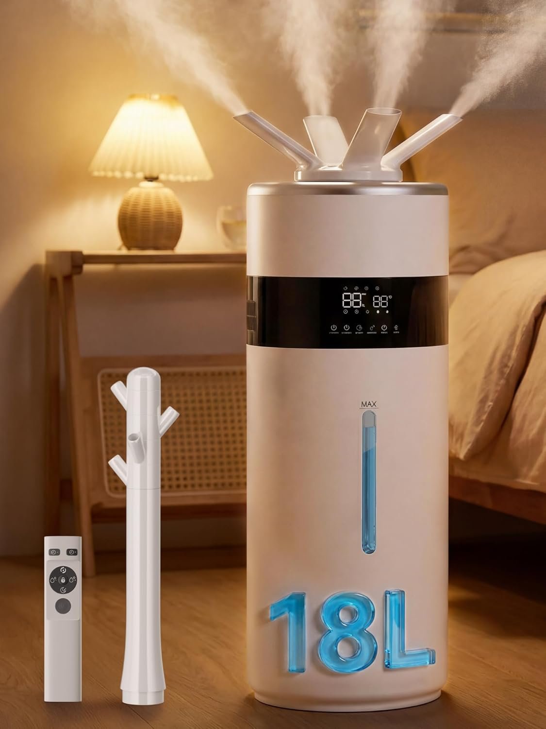 1200ml/h Humidifier for Bedroom up to 2000 sq.ft, 4.8Gal/18L Large Tank Humidifier, 40%-90% Custom Humidity & Replaceable Nozzles, Top Fill Ultrasonic Whole House Humidifiers Large Room Office Indoor