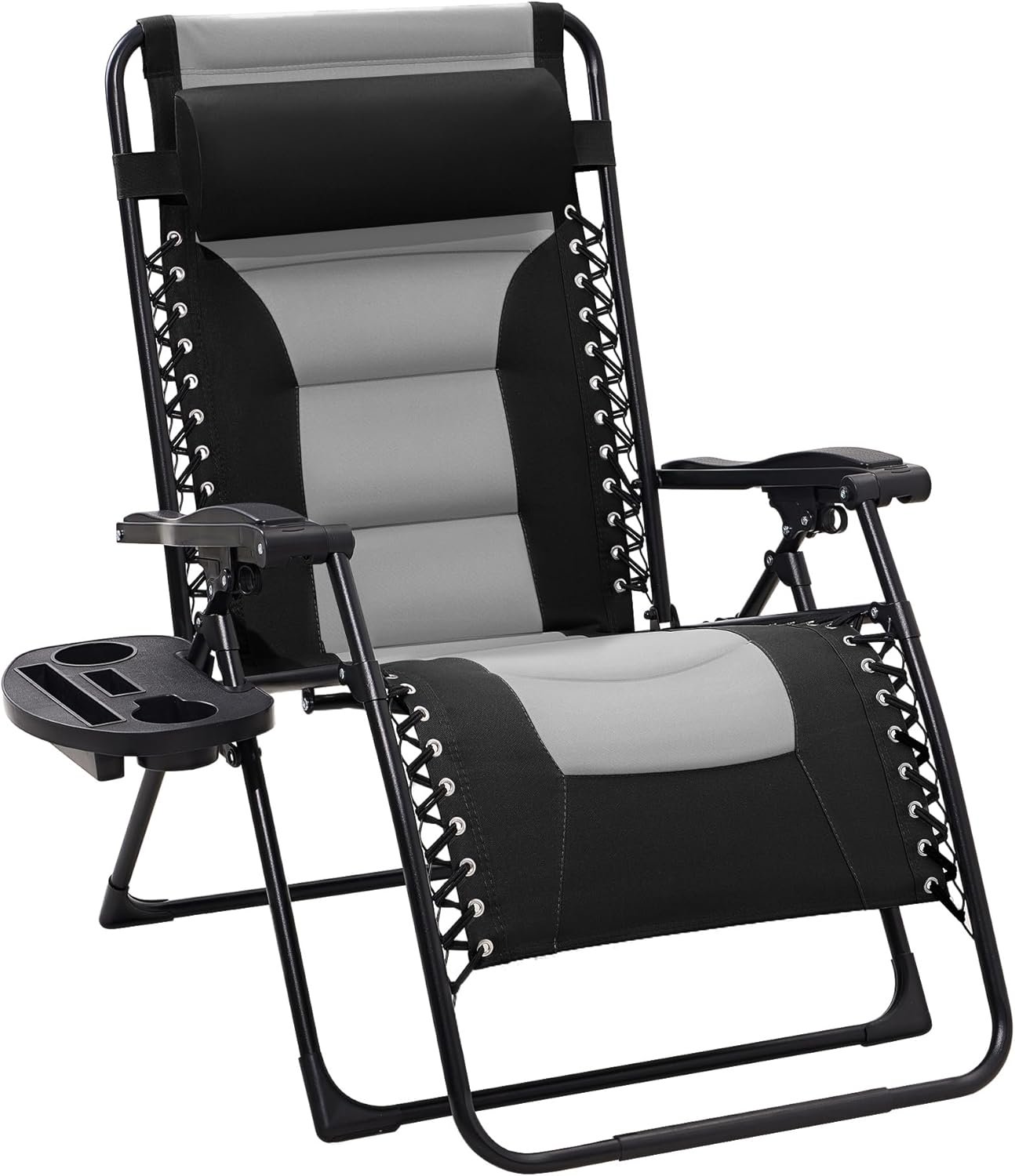 JEAREY Oversized Padded Zero Gravity Chairs, Folding Lounge Chair Outdoor Patio Recliner, Anti Gravity Chair for Backyard with Headrest, Cup Holder, Side Tray, Polyester Mesh – Black/Gray