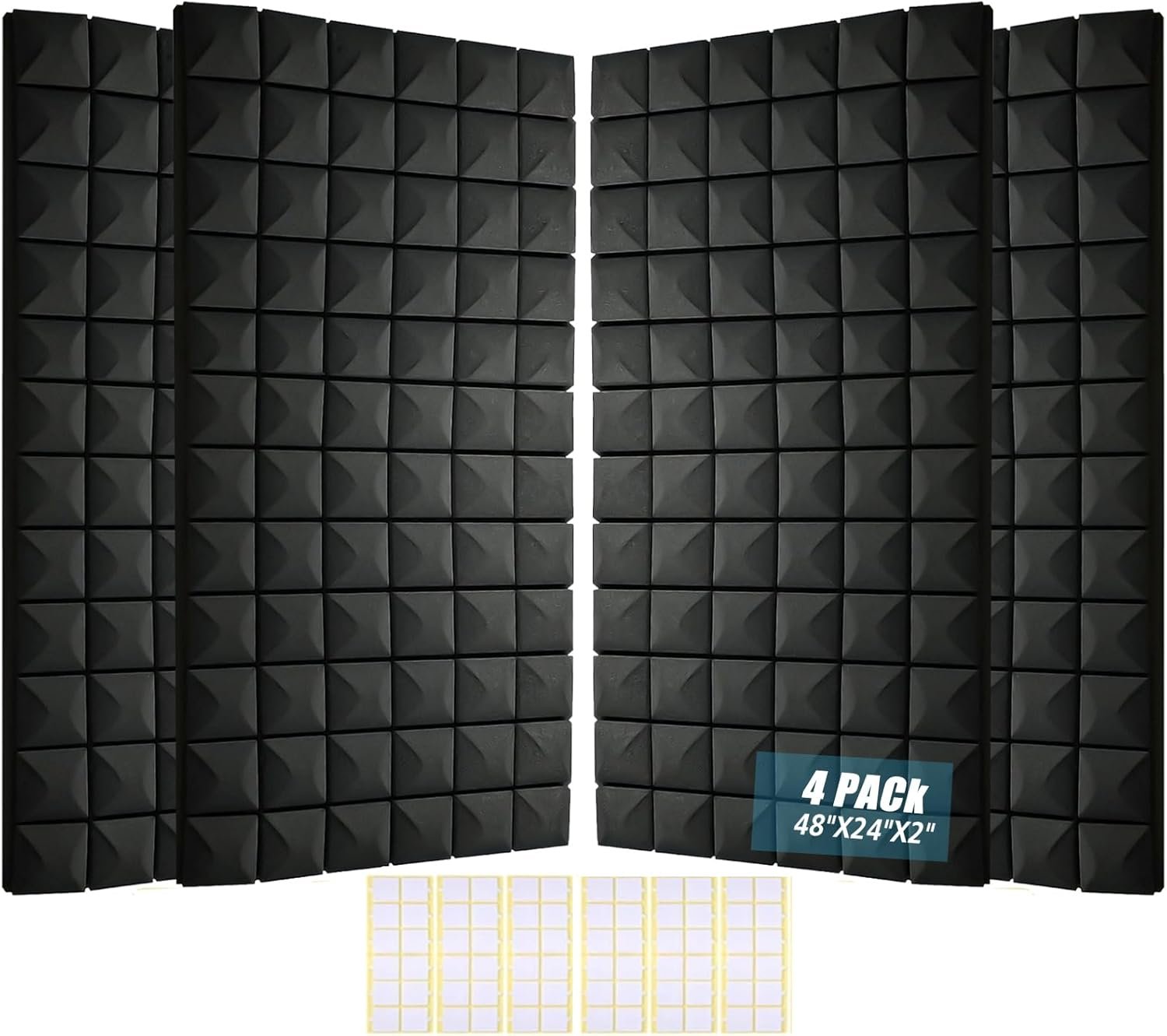 Acoustic Foam Panels 4 Pack 48″x24″x2″ – High Density Soundproof Foam Wall Panels for Noise Reduction, Studio Walls, Home Theater & Office (Black 4 Pack, 48″ x 24″ x 2″)