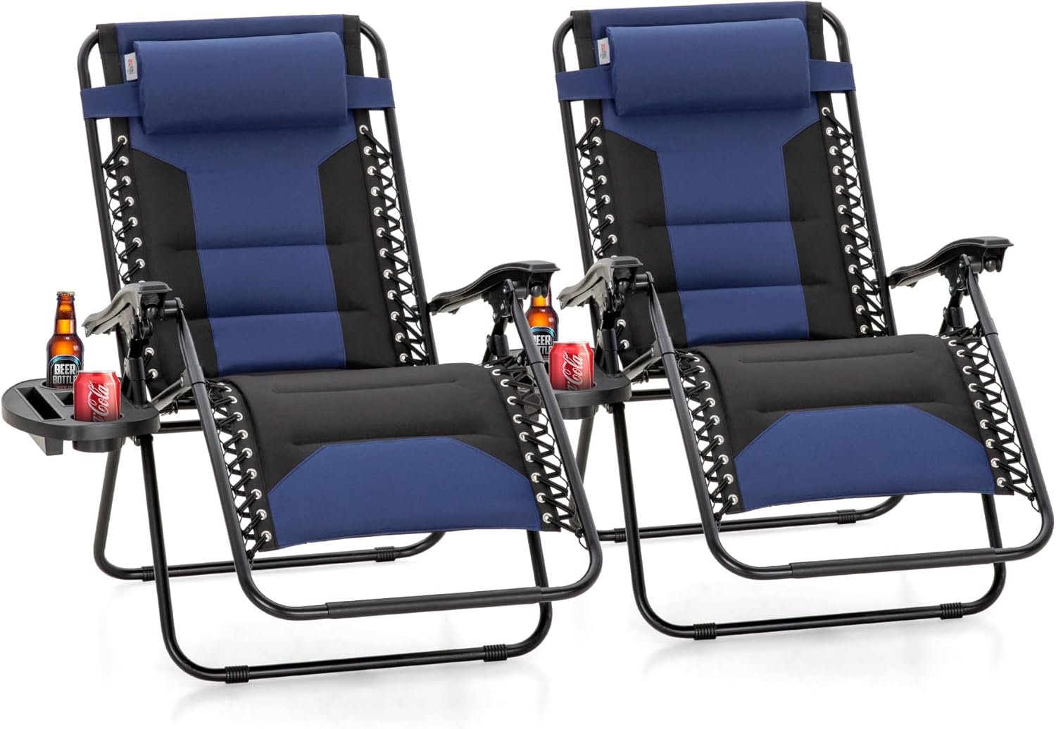 PHI VILLA Zero Gravity Chair Set of 2, Padded Anti Gravity Recliner, Oversized 28″ Wide Seat, Foldable Patio Lounger with Armrest & Cup Holder, Supports 400 LBS (Blue Black)