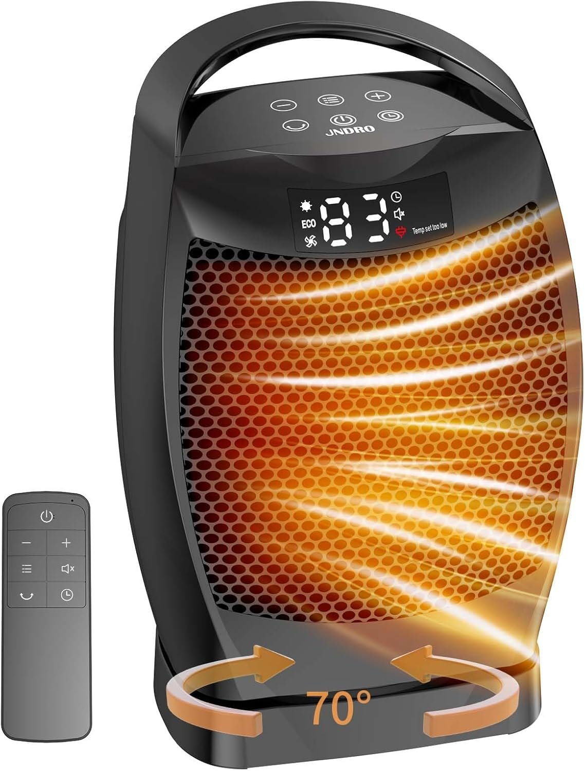 Portable Electric Heaters for Indoor Use – JNDRO 1500W PTC Ceramic Space Heater with Thermostat and Remote, Overheat and Tip-Over Protection, 70°Oscillation, Quick Heating for Home, Office, Bedroom