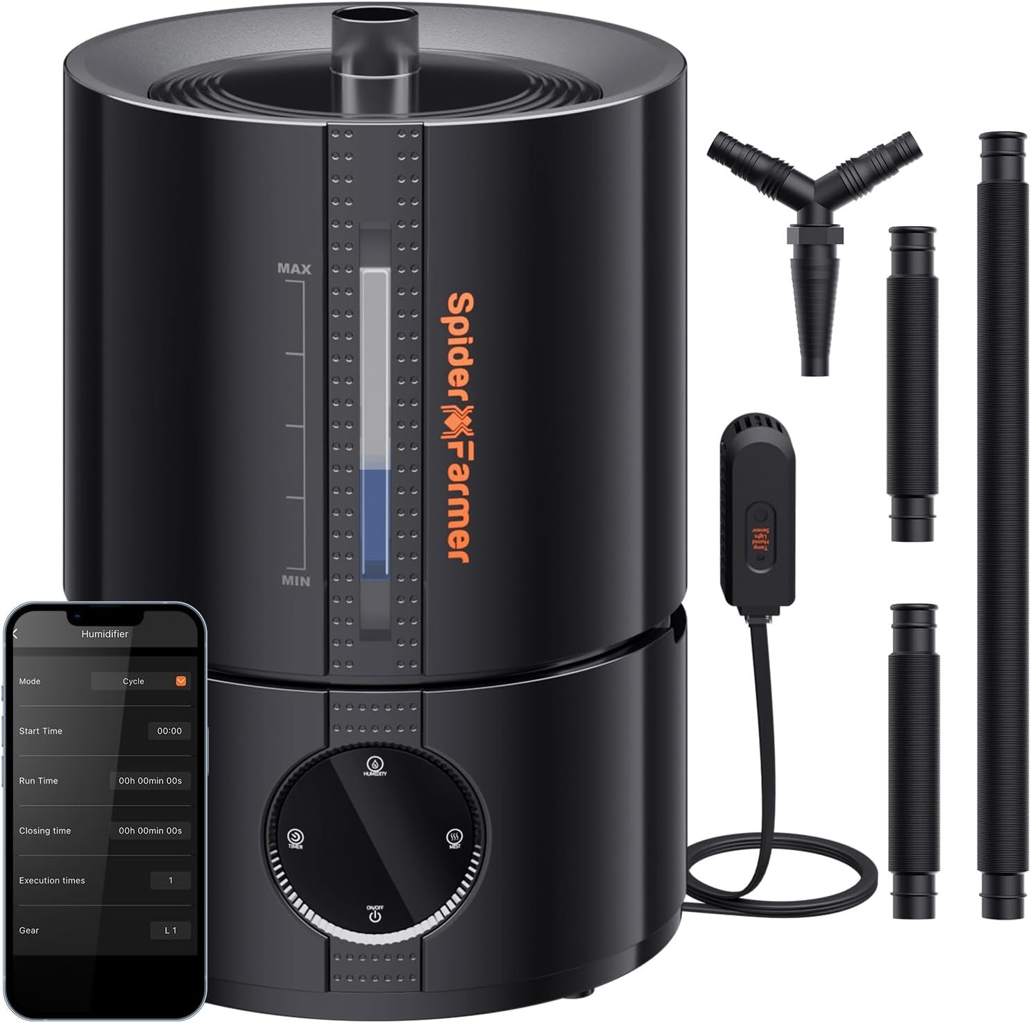 Spider Farmer New 450ml/h Humidifier for Plants Grow Tent Large Room, GGS Smart Customized Humidity Control Cool Mist with Extendable Targeting Hose and Temp & Humidity Probe Indoor Black 5L (Upgrade)
