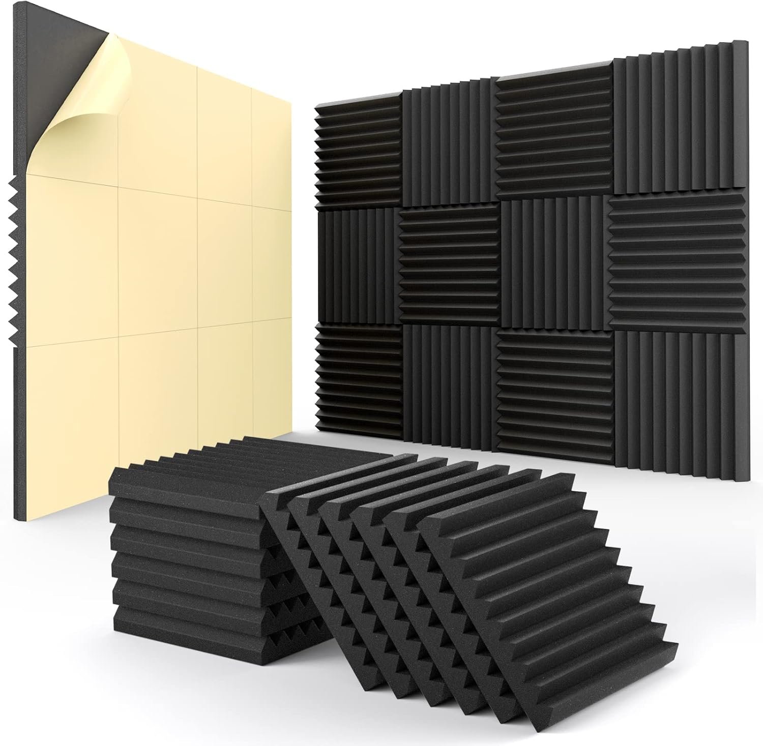 12 Pack Acoustic Panels Self-Adhesive, 1″ X 12″ X 12″ Quick-Recovery Sound Proof Foam Panels, Acoustic Foam Wedges High Density, Soundproof Wall Panels for Home,Studio,Gaming -Black
