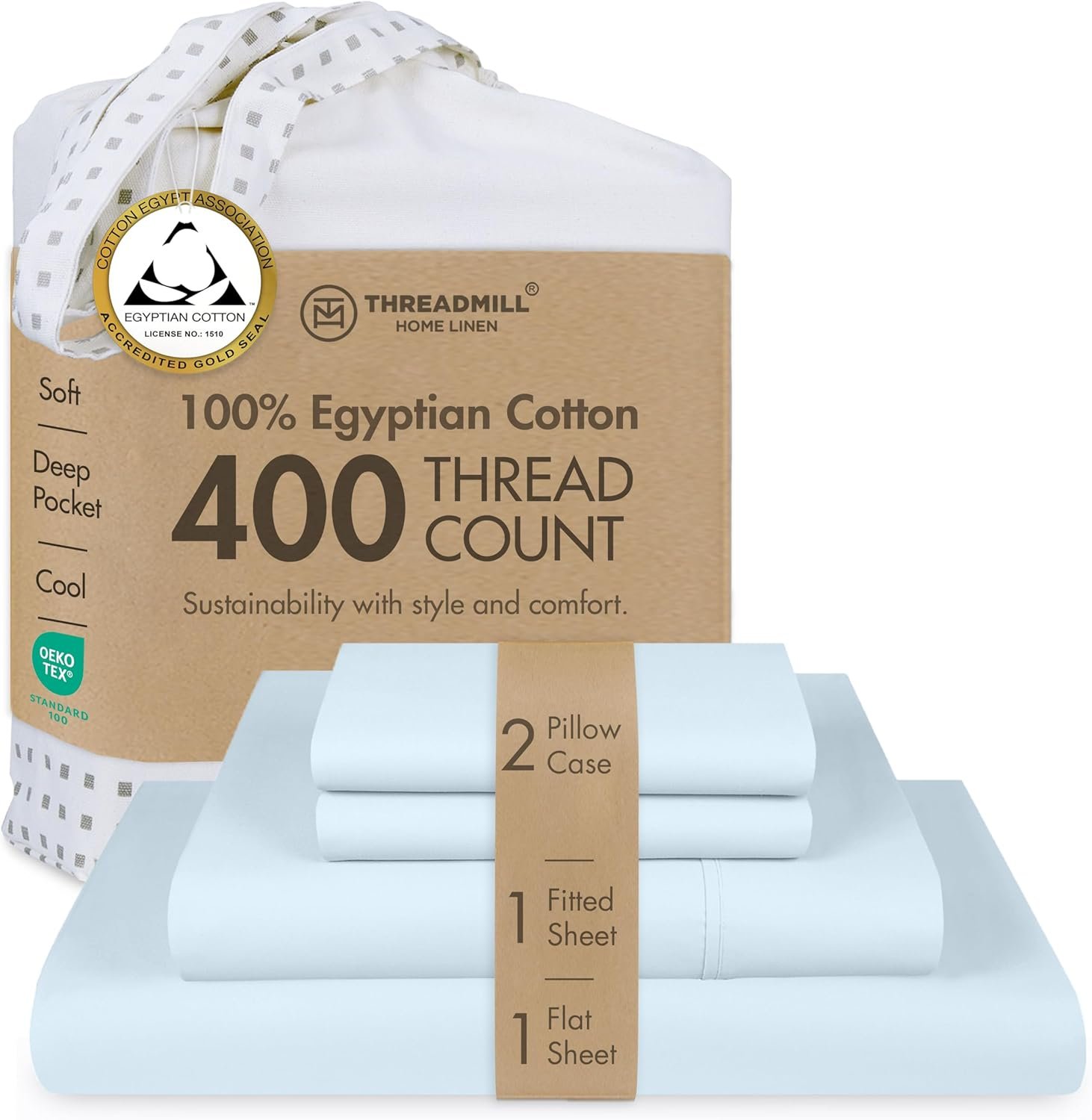 Threadmill Egyptian Cotton Queen Sheet Set | 100% Certified Egyptian Cotton Bed Sheets for Queen Size Bed | Snug Fit Deep Pocket Queen Bed Sheets Set | Soft Cooling Sateen Bedding Set | Light Blue