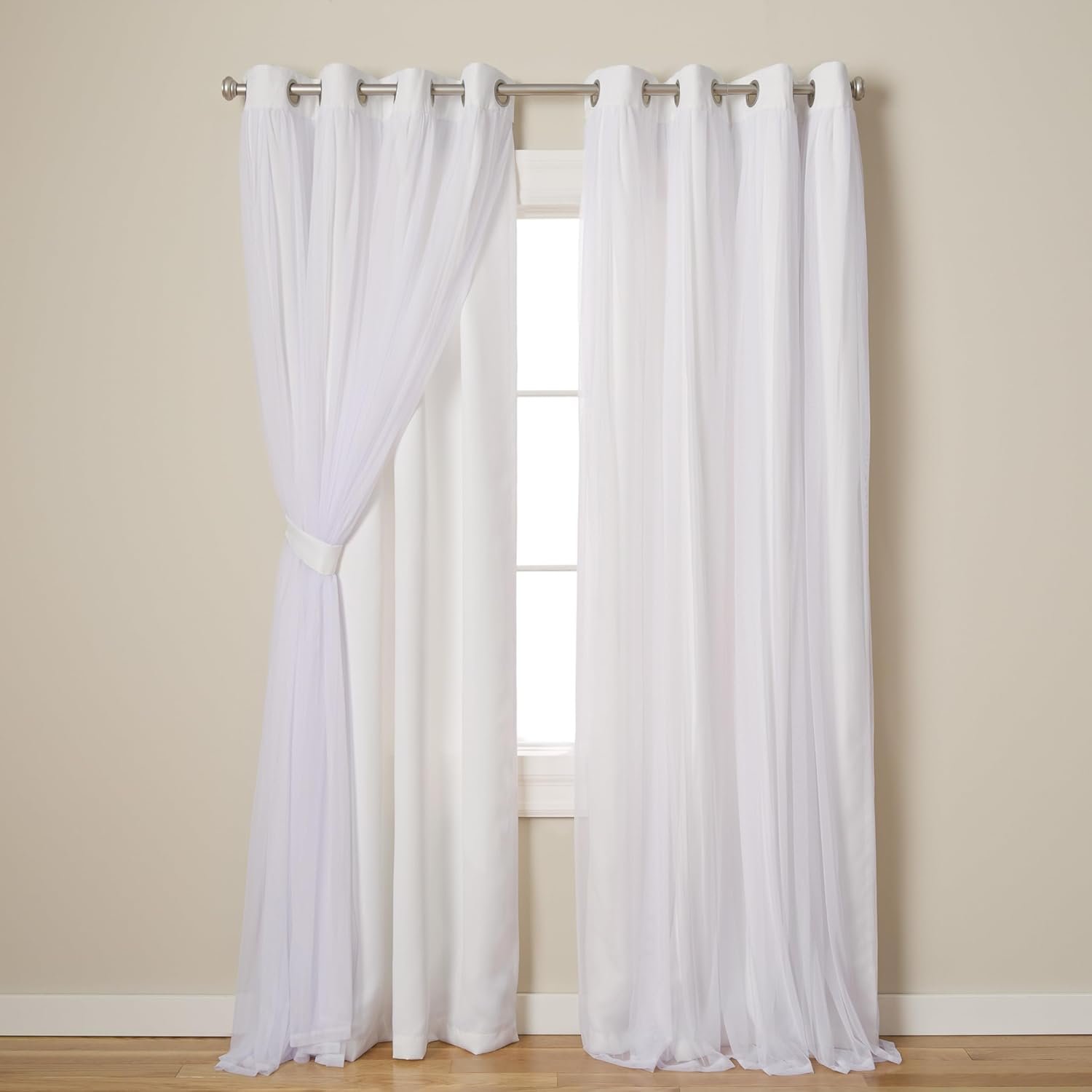 TOWN & COUNTRY LUXE Talia Double Layer Indoor Curtains, Sheer and Room Darkening Blackout, Grommet Top, Energy Efficient, 2-Pack Set, 52″x96″, Winter White