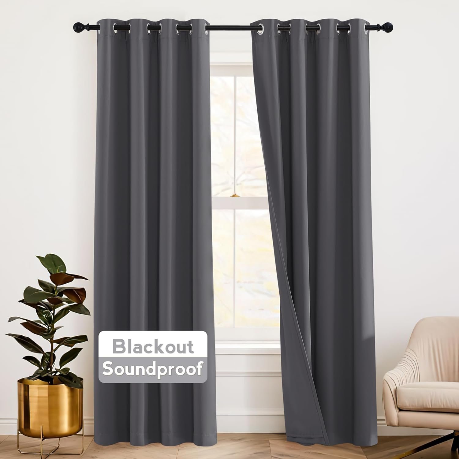 RYB HOME Soundproof Curtains 84 inches – 3 Layers Blackout Curtains Noise Cancelling Thermal Insulted Drapes for Door Window Living Room Nursery Divider Drapes, W 52 x L 84 inch, Gray, 1 Pair