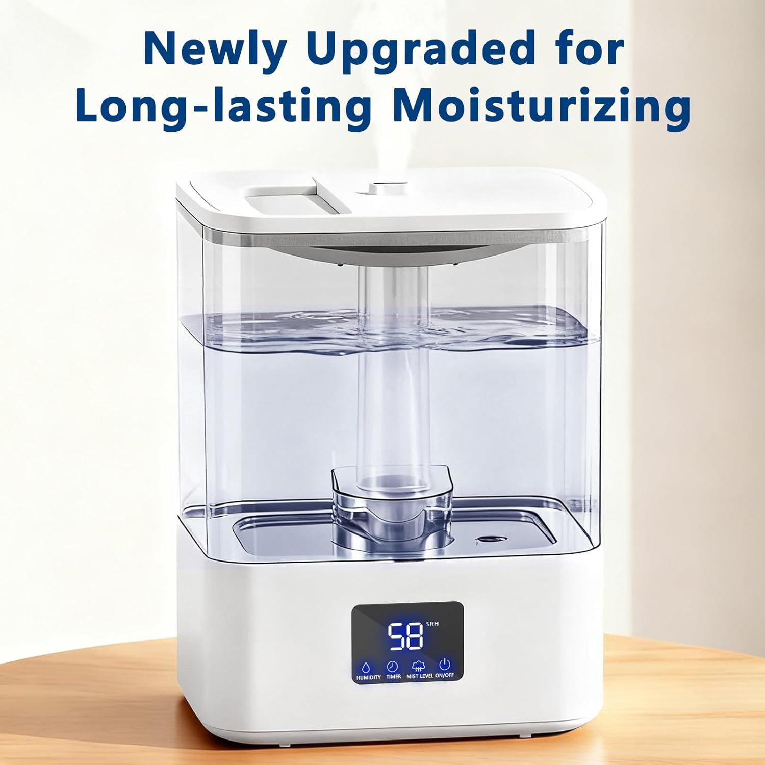 KZF 4L Top Fill Humidifiers for Bedroom & 60H Runtime – Cool Mist Humidifier, 3 Mist Levels, 8H Timer, Essential Oil Tray, Humidity Display, Quiet for Bedroom, Baby, Plants, Large Room (White, 4L)