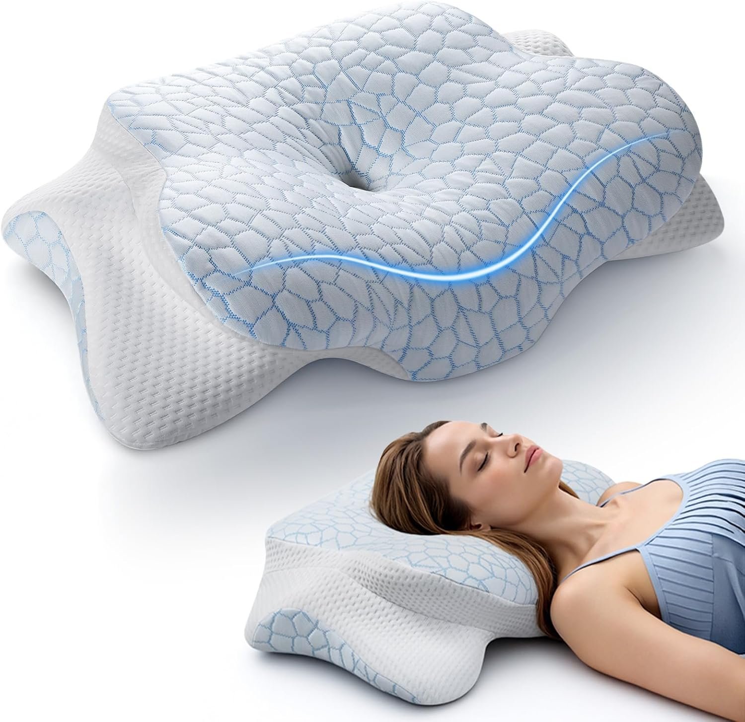 JINXIA Cervical Neck Pillow for Neck and Shoulder, Odorless Memory Foam Pillow with Soft Silk Cover, Ergonomic Orthopedic Neck Support Pillow for Side, Back & Stomach Sleepers – White