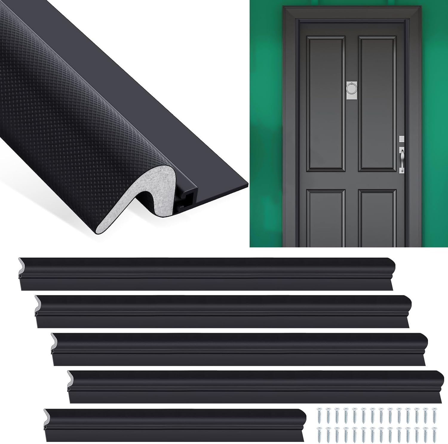 Yuntau 5 Pcs Screw on Door Weather Stripping 42″ 36″ Weather Stripping Door Seal with Aluminum Carrier and Foam Gasket Exterior Weatherstripping V Shaped Soundproof Seal for Sides and Top (Black)