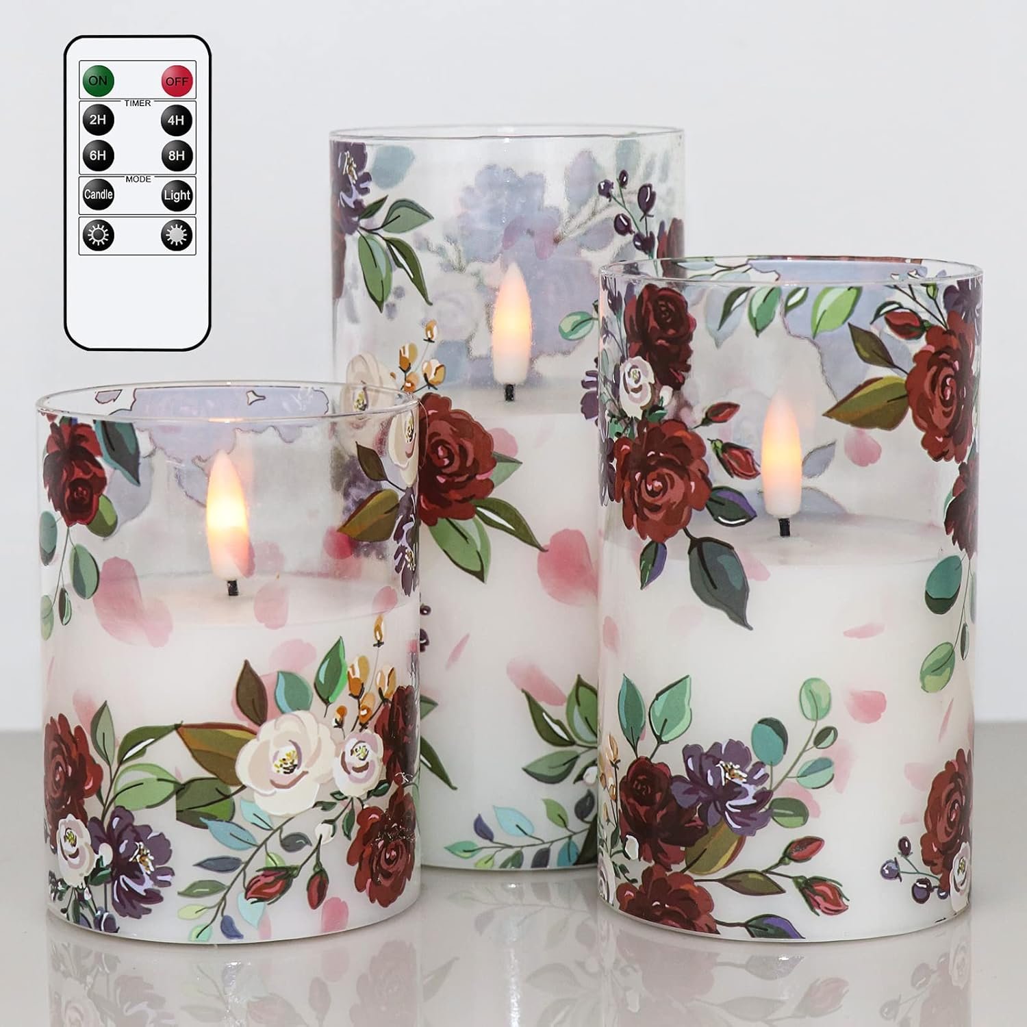 Battery Operated Glass Flameless Candles with Remote and Timer Real Wax 3D Wick Flickering Rose LED Pillar Candles Wedding Dinner Christmas Holiday Decor D3 x H4, 5″, 6″