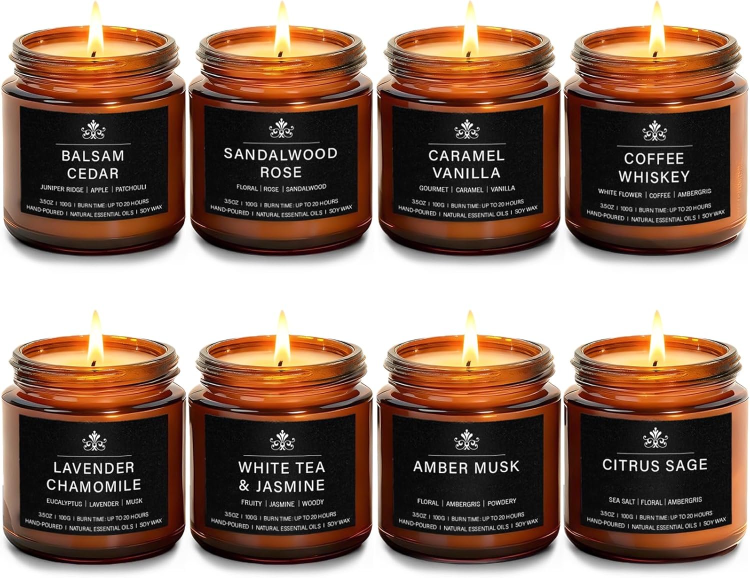 8 Pack Soy Wax Scented Candles Gift Set, Aromatherapy Candles with Lavender Chamomile, Citrus Sage, Caramel Vanilla, Coffee Whiskey, Long Lasting Stress Relief Candle, Unisex Home & Gift Set