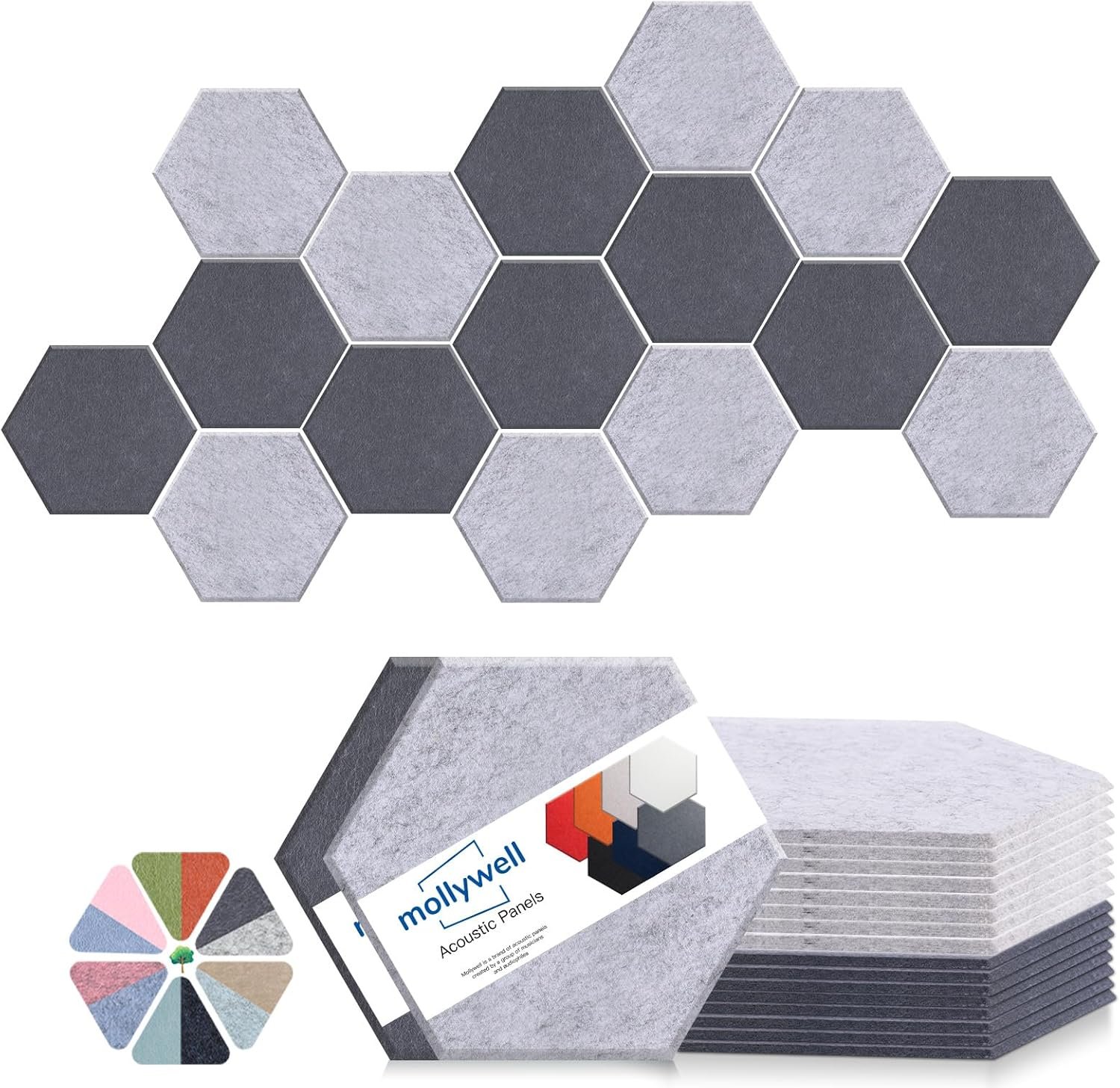 Mollywell Hexagon Acoustic Panels 14×12 – Reduce Echo & Reverb, Noise Blocking Wall Tiles for Studio & Home Office, Moon & Silver Gray Sound Absorbing Panels