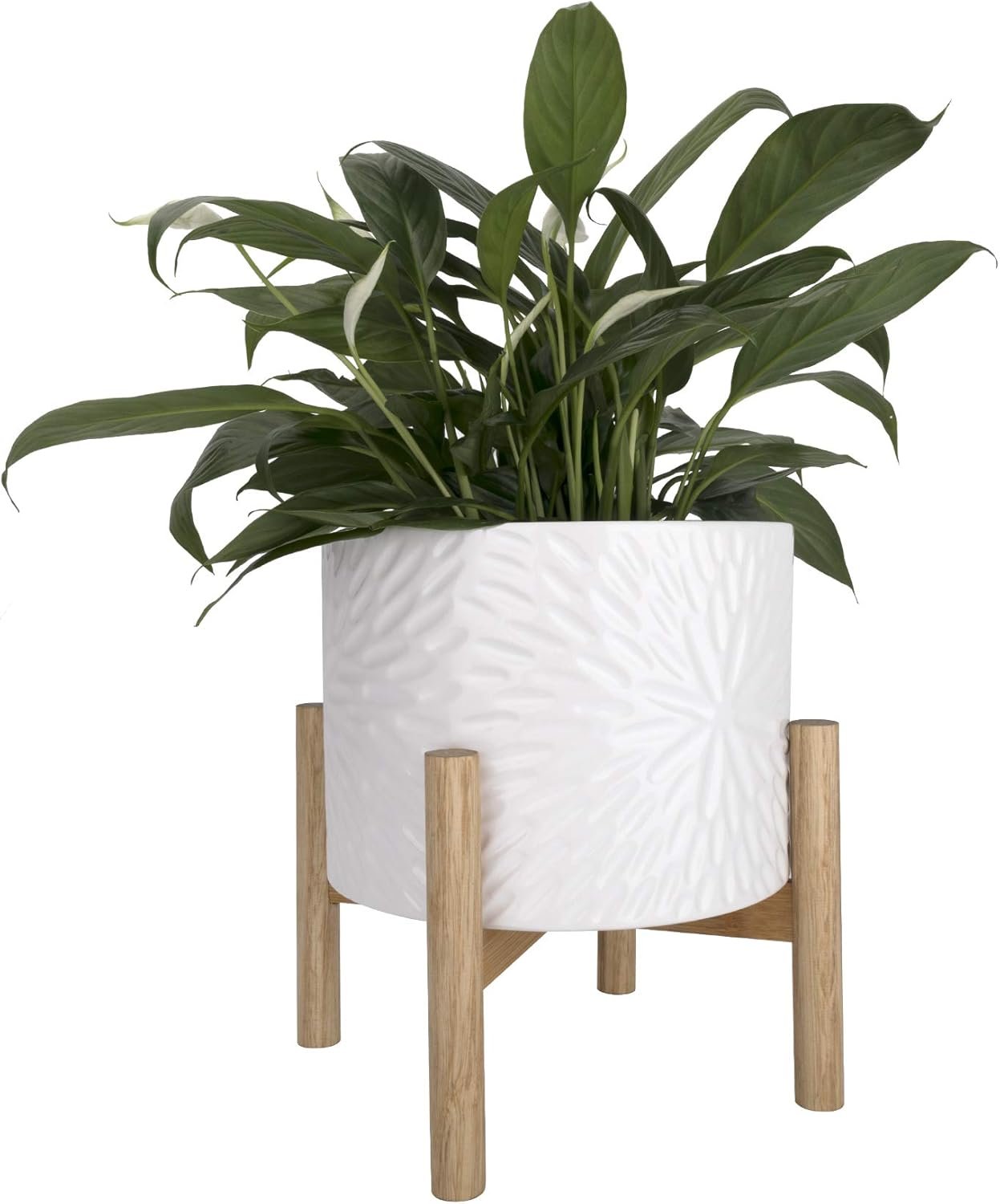 LA JOLIE MUSE White Planter with Stand,Mid Century Planters for Indoor Plants,Ceramic Plant Pot with Stand – 8 Inch Unique Modern Flower Pots Indoor with Drainage Holes
