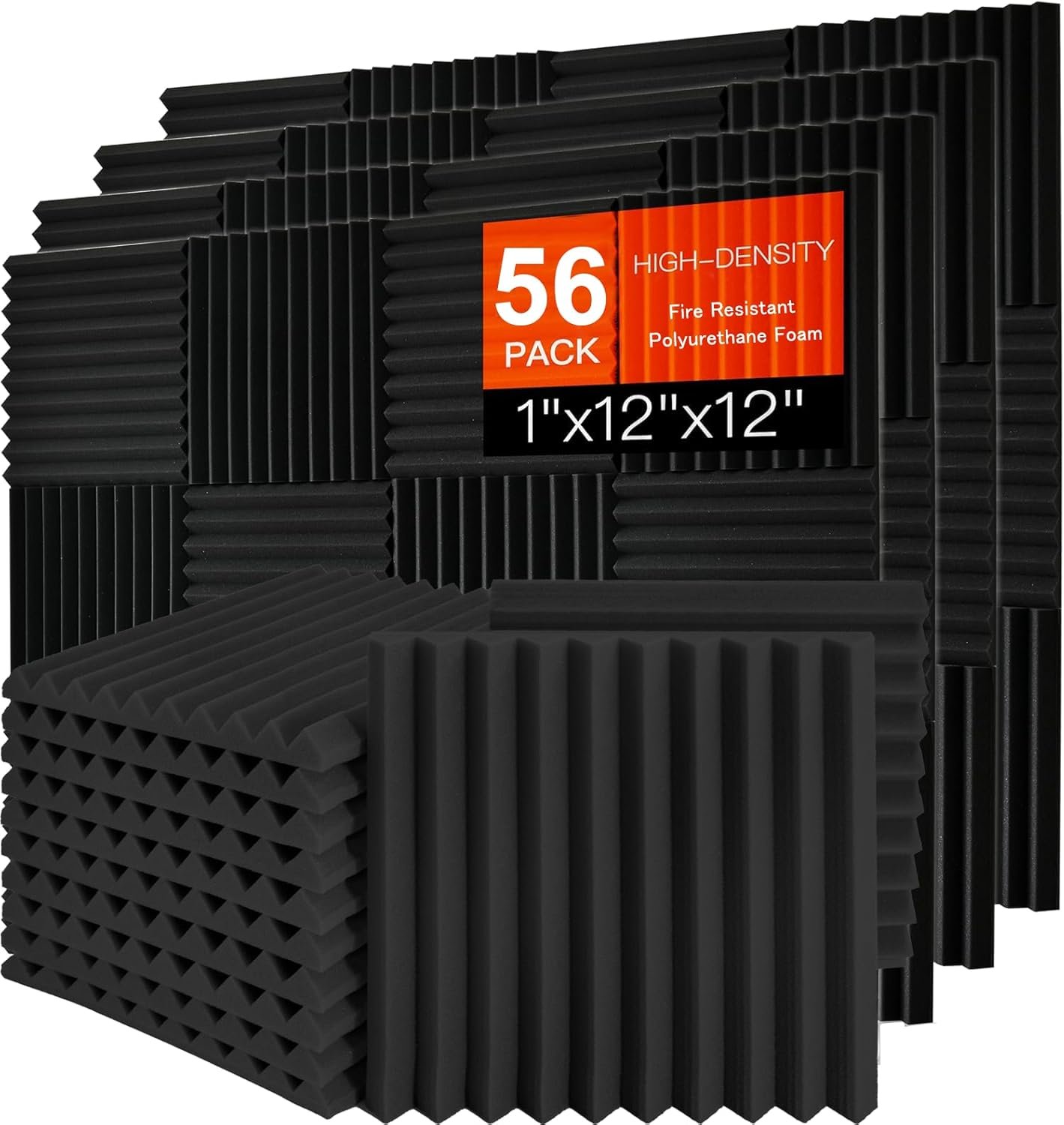 56 Pack Acoustic Foam Panels, 1″ x 12″x 12″ Sound Proof Foam Panels For Wall Fire Resistant, Noise Cancelling Dampening Sound Absorbing Black Wedge Panels For Studio Recording & Office & Home