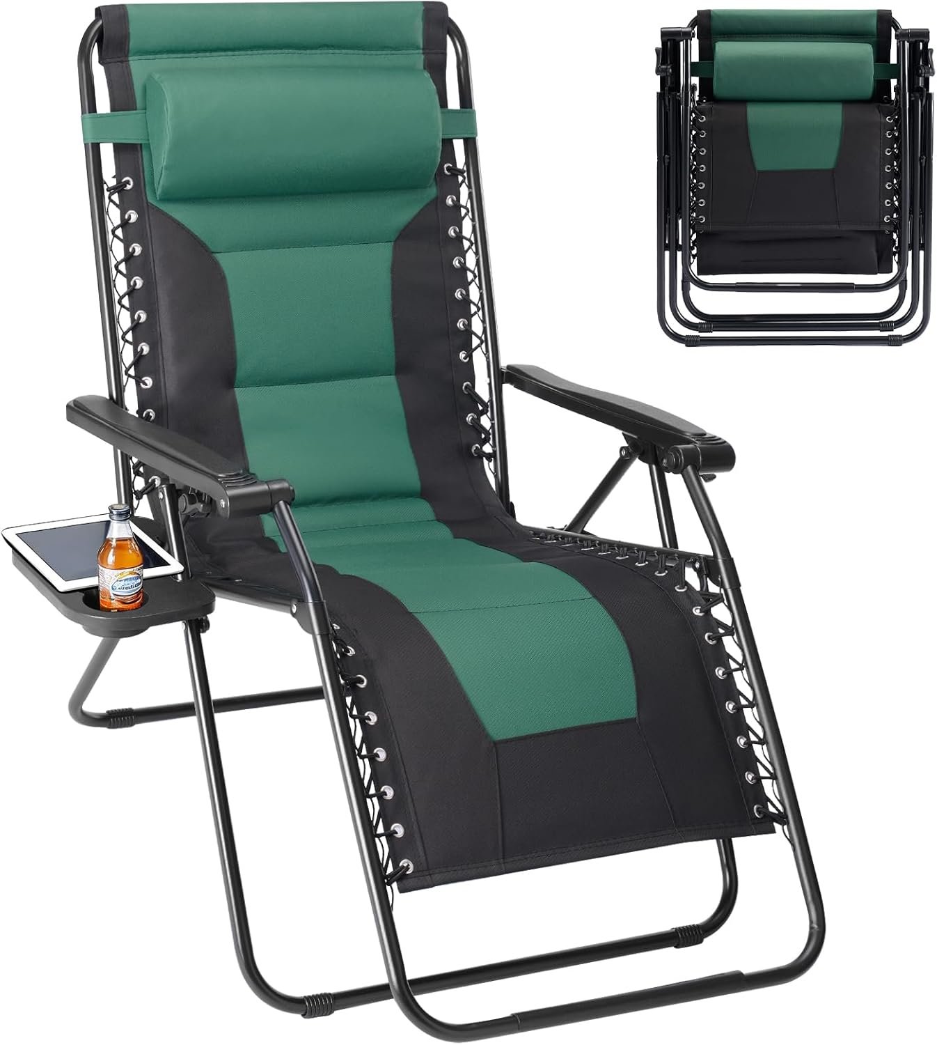 Sweetcrispy Zero Gravity Chairs, Foldable Patio Reclining Chairs with Adjustable Pillow & Cup Holder, Oversized Portable Support 400 lbs, for Backyard Camping(Black-Green)