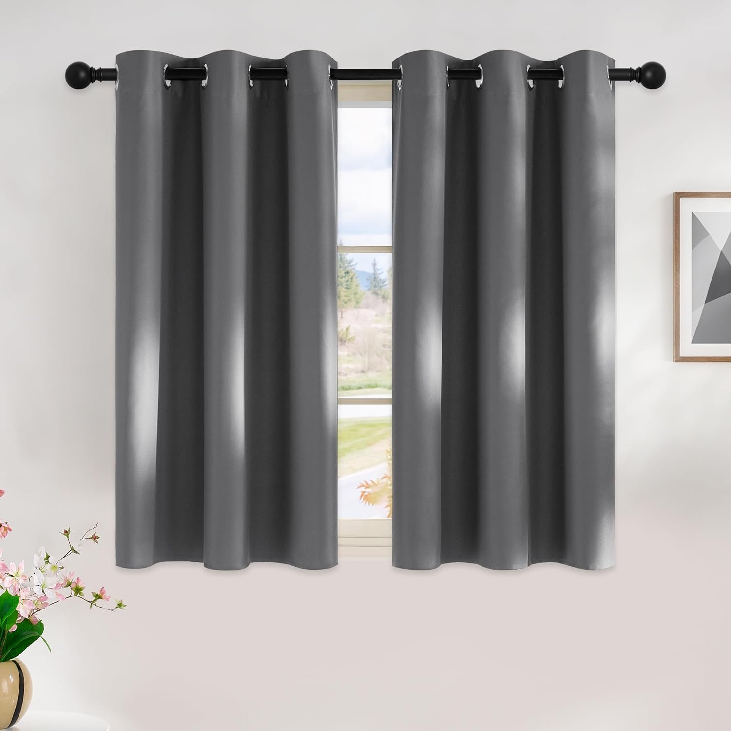 NICETOWN Grey Kitchen Blackout Short Curtain Panels for Bedroom, 45 Inch Long Thermal Insulated Grommet Top Blackout Draperies and Drapes (2 Panels, W42 x L45 -Inch, Grey)