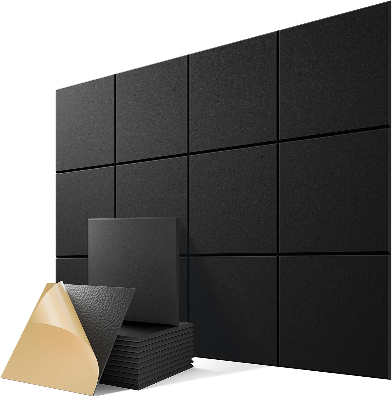 12 Pack Self-Adhesive Acoustic Panels, 12″ X 12″ X 0.4″ High-Density Polyester Sound Proof Foam Panels for Walls, Soundproof Wall Panels for Home & Office (Black)