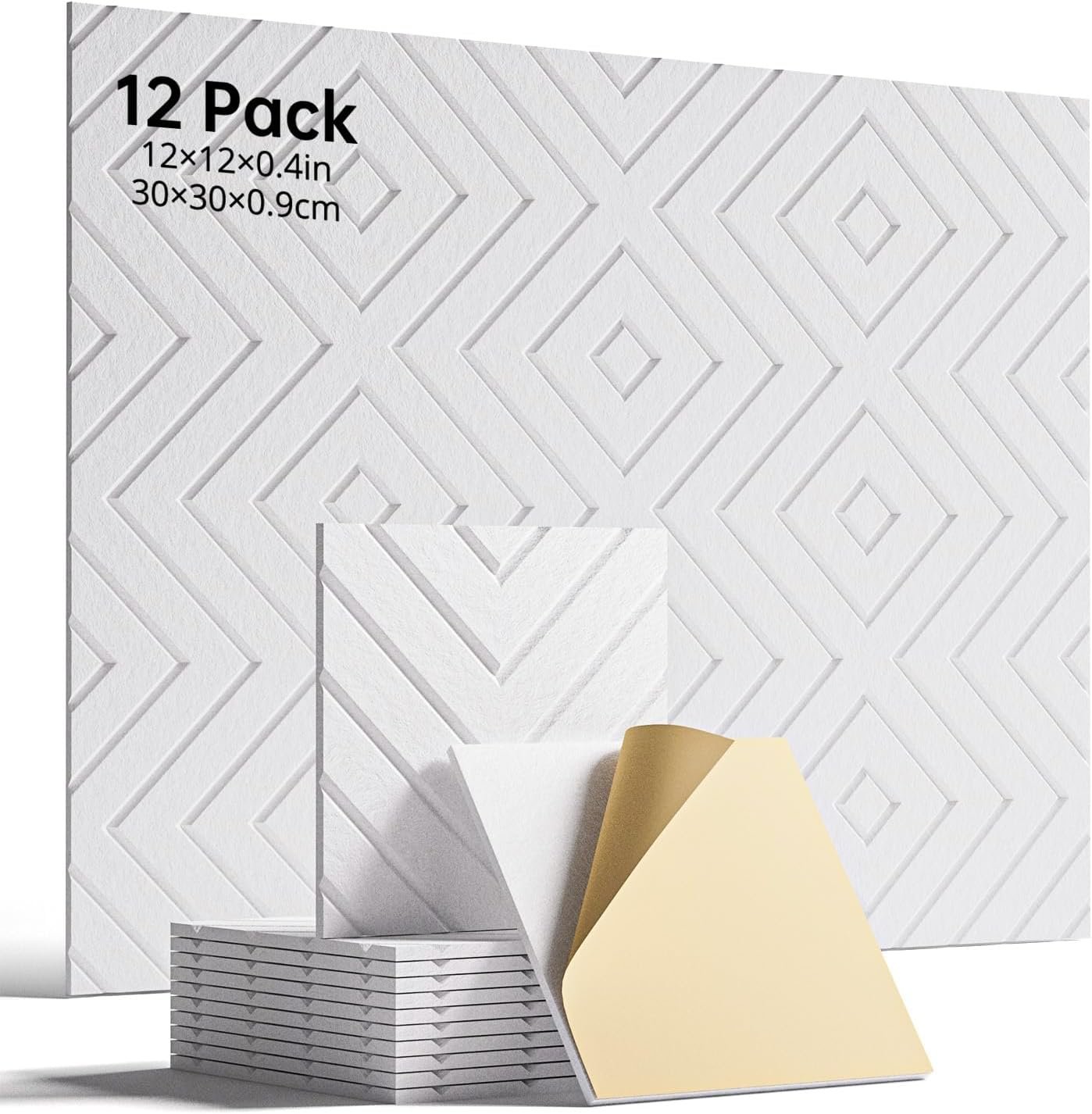 Sound Proof Foam Panels for Walls, 12 Pack Self-Adhesive Acoustic Panels, 12″ X 12″ X 0.4″ Soundproof Wall Panels for Door, Ceiling, Home Office White