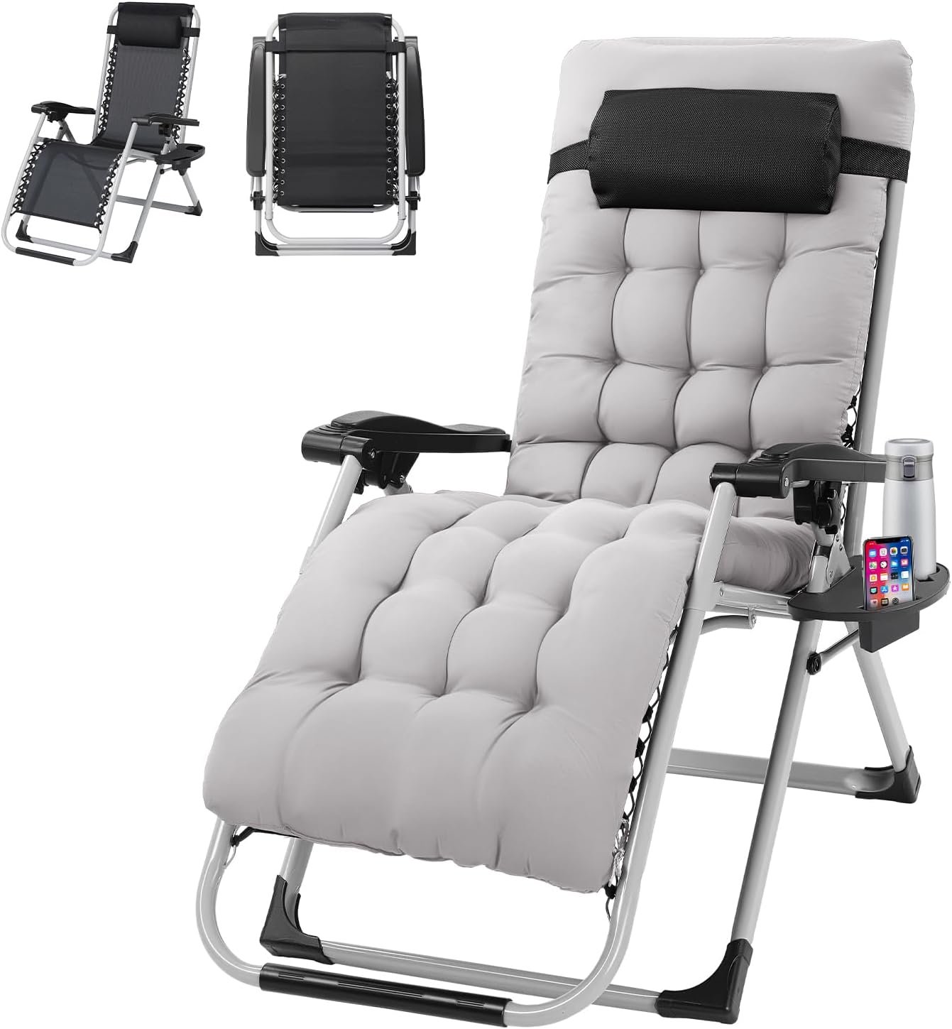 VINGLI Padded Zero Gravity Chair, Lounge Chair with Removable Cushion & Tray， Folding Reclining Patio Chairs， Recliner Chair for Lawn，Indoor and Outdoor
