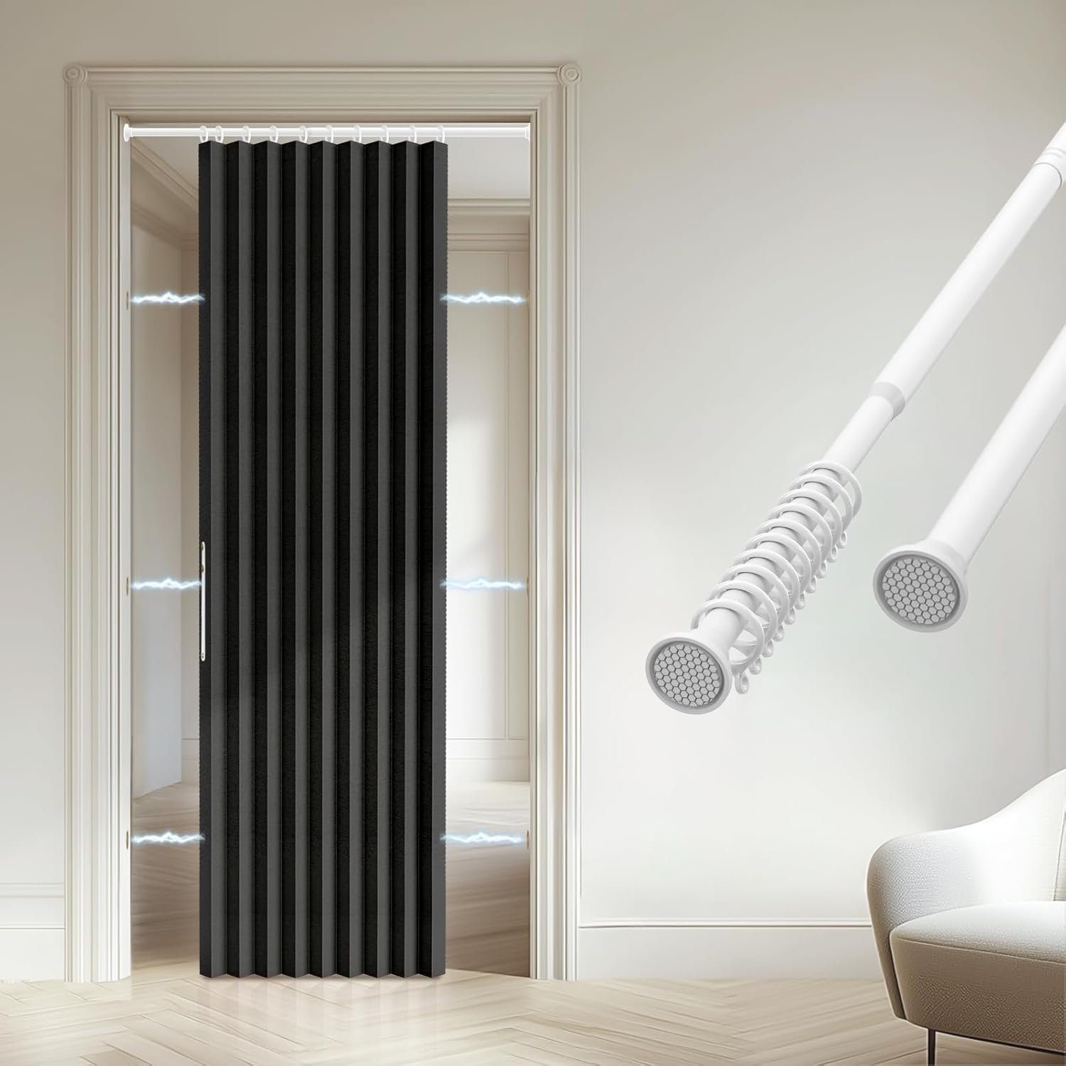 Accordion Door Curtain – 100% Light-Blocking Bedroom Door Curtain with Included Rod for Easy Installation, Suitable for Doorway Privacy Black 43″ W x 78″ L