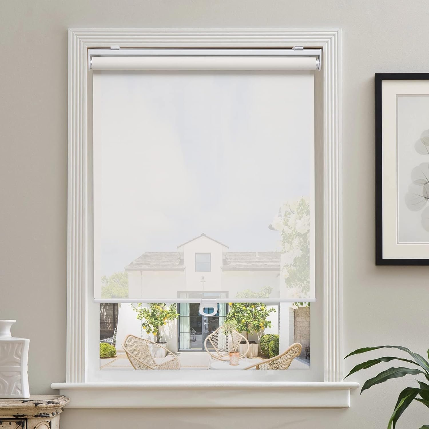 AOSKY Cordless Roller Shades for Windows Light Filtering Shades with 5% Openness Solar Screen Semi Sheer Roller Blinds UV Protection for Office and Home. Easy to Install 25″ W x 72″ H (White)