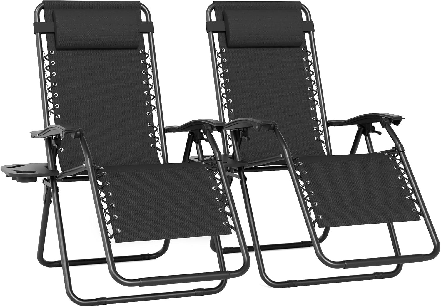 Set of 2 Adjustable Zero Gravity Lounge Chairs Outdoor Recliner w/Cup Holder Tray & Removable Pillows, Ergonomic Reclining Chair for Camping Patio Lawn Balcony (Black)