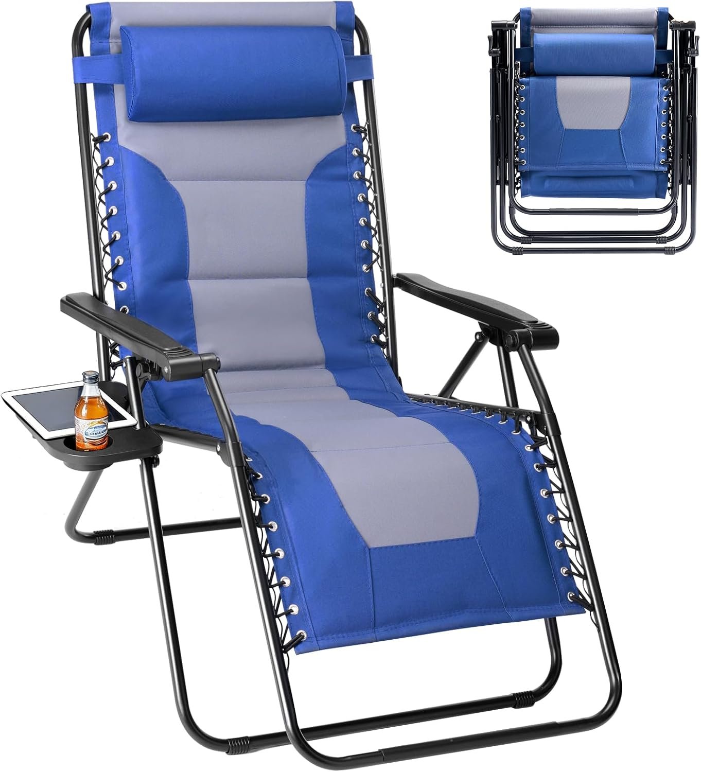 Sweetcrispy Zero Gravity Chairs, Foldable Patio Reclining Chairs with Adjustable Pillow & Cup Holder, Oversized Portable Support 400 lbs, for Backyard Camping(Blue-Gray)