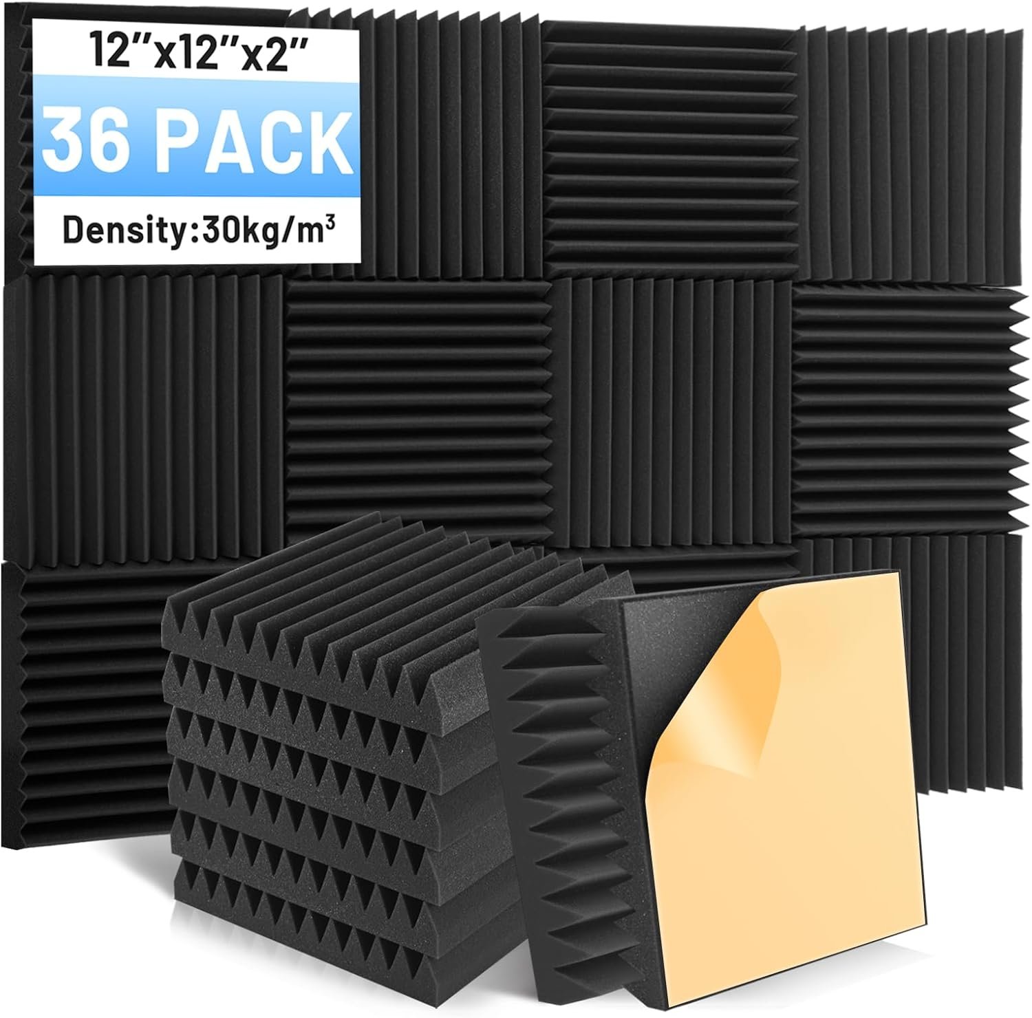 Focusound 36 Pack Sound Proof Foam Panels, 2″ x 12″ x 12″ Acoustic Foam Panels With Self-Adhesive, High Density Soundproofing Wedge Panels for Studio Office Game Room