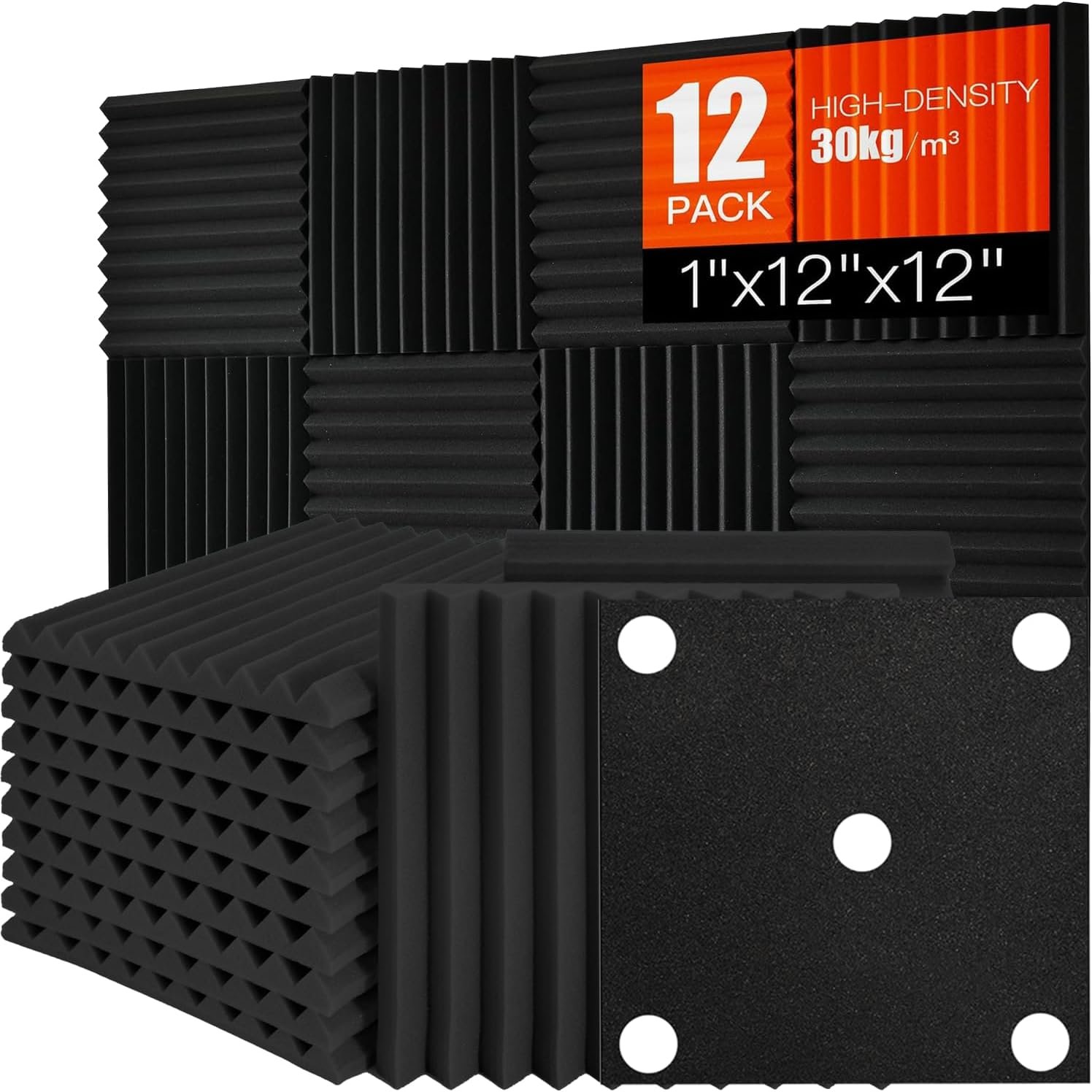 Acoustic Foam Panels Sound Absorbing 12 Pack – 1″ X 12″X 12″ Sound Proof Panels Noise Reducing for Walls, High Density Sound Deadening Panels Black Wedge for Studio Recording & Office & Home