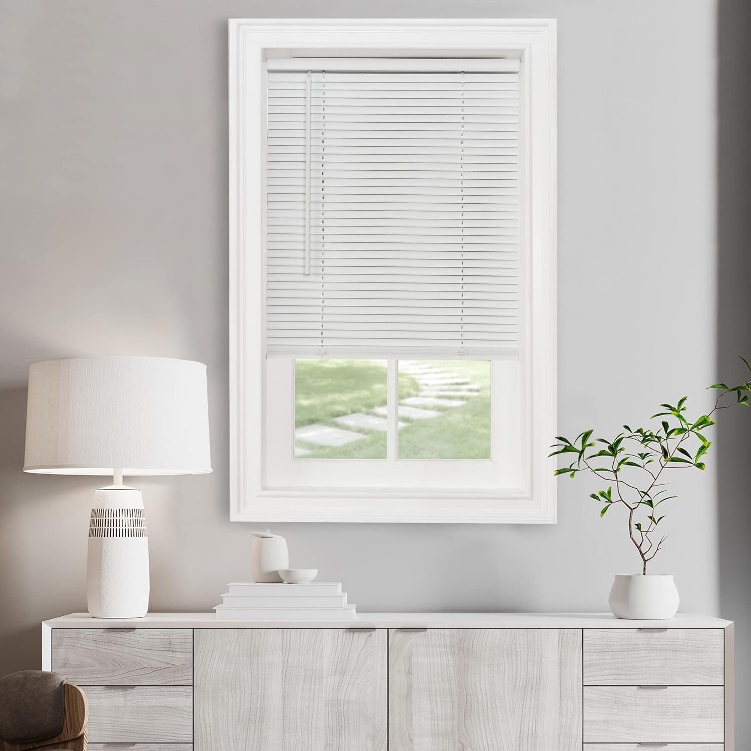 Cordless Light Filtering Mini Blind – 27 Inch Width, 64 Inch Length, 1″ Slat Size – Pearl White – Cordless GII Morningstar Horizontal Windows Blinds for Interior by Achim Home Decor