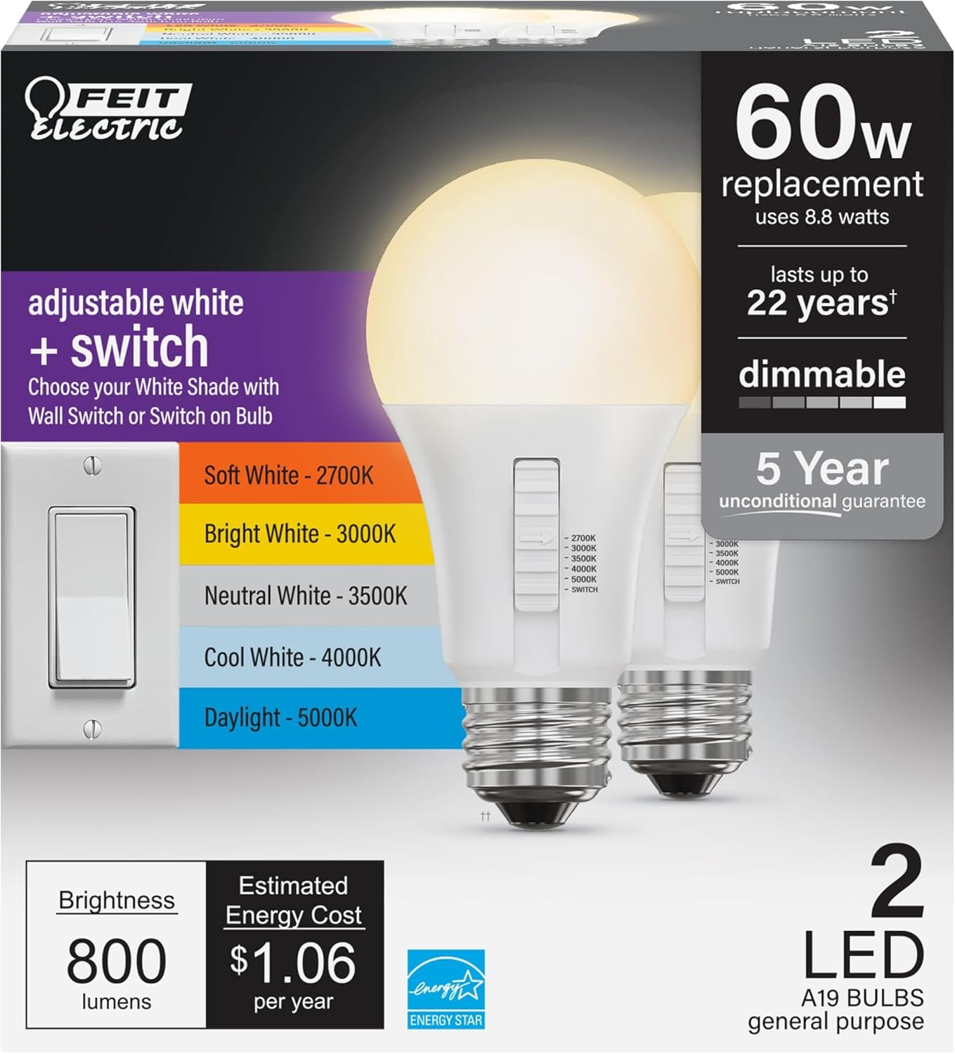 Feit Electric A19 LED Light Bulb, 60W Equivalent, Dimmable, Color Selectable 6-Way, 5CCT, E26 Medium Base, 90 CRI, 800 Lumens, 22-Year Lifetime, Damp Rated Lightbulb OM60DM/6WYCA/2, 2 Bulbs
