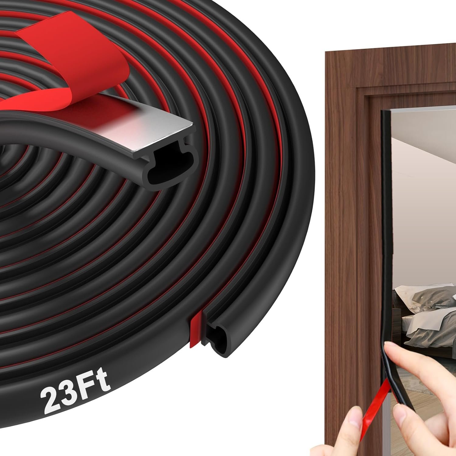 alophoty Weather Stripping Door Seal – 23 Ft Self-Adhesive TPE Rubber Door Seal Strip for Door Frame/Window Seal, Soundproofing & Insulation Strip to Block Drafts, Wind, Noise, Dust (Black)