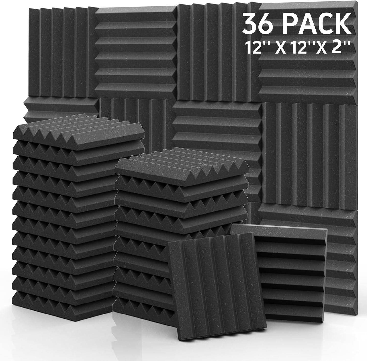 Sound Proof Foam Panels – 12 x 12 x 2 Inches 36 Pack Wedges Acoustic Foam Panels Sound Proofing Padding for Walls and Ceiling High Density Foam Studio Foam (Black)