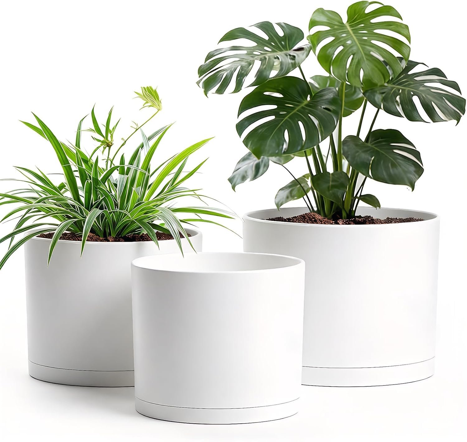 10/9/8 Inch Large Plant Pots with Drainage Holes and Trays, 3 Pack Modern Minimalist Cylinder Planters for Monstera, Snake Plant, Indoor Outdoor (Matte White)