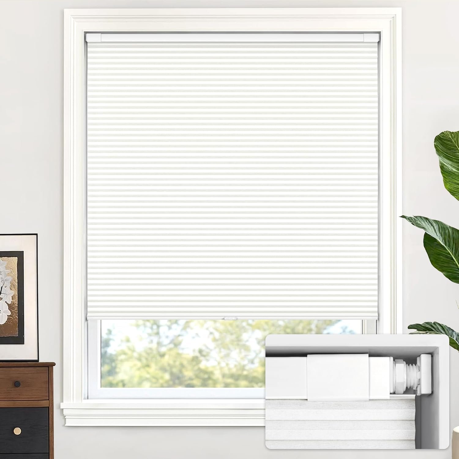 LazBlinds Cordless Cellular Shades, No Tools No Drill Light Filtering Honeycomb Shades Pleated Blinds for Windows, 46” W x 48” H, White