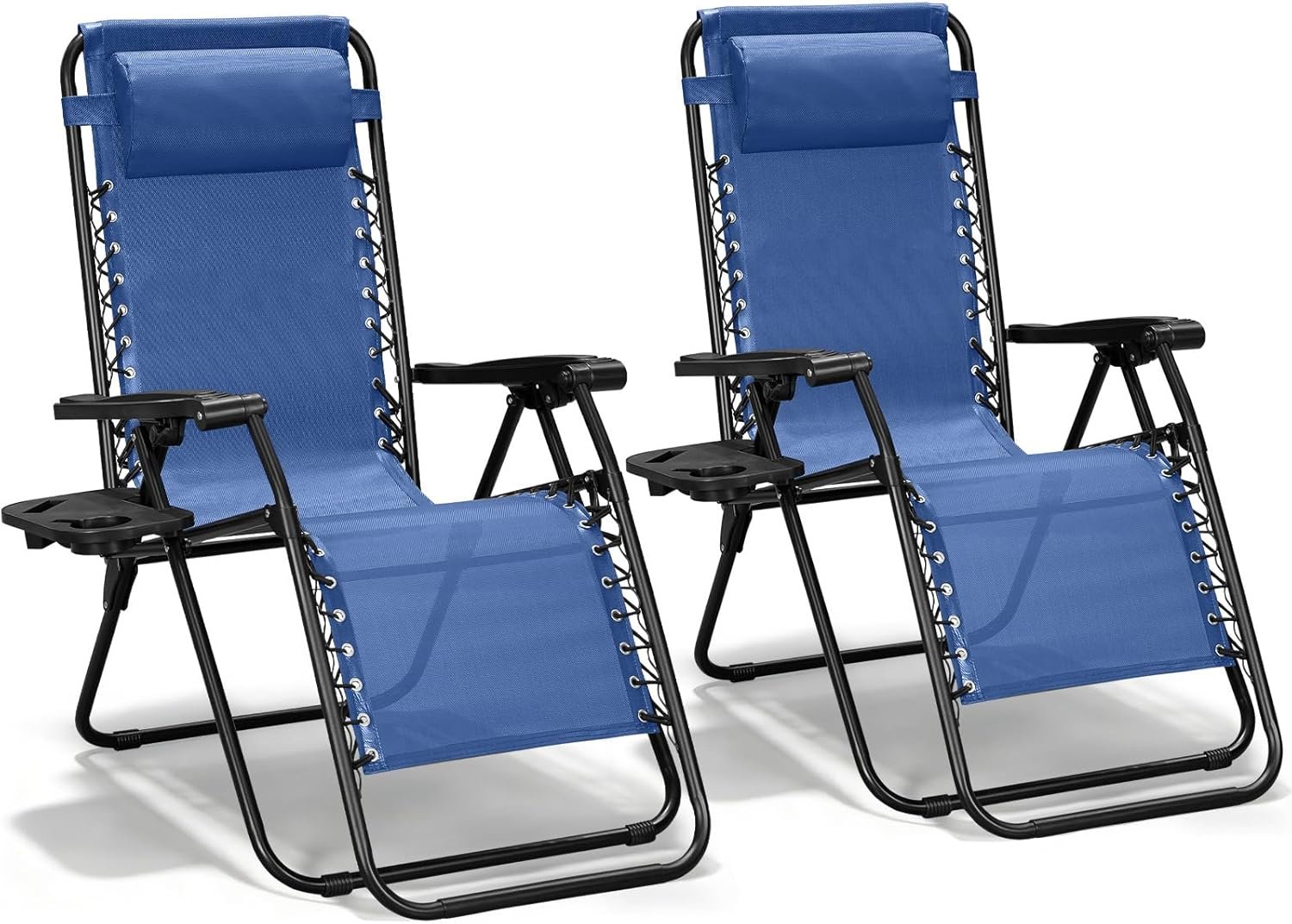 Zero Gravity Chairs Set of 2, Adjustable Lounge Chair Outdoor Recliner, Folding Reclining Lawn Chair, Anti Gravity Chair with Pillow & Cup Holder for Pool Camping Sunbathing Beach Patio (Blue)