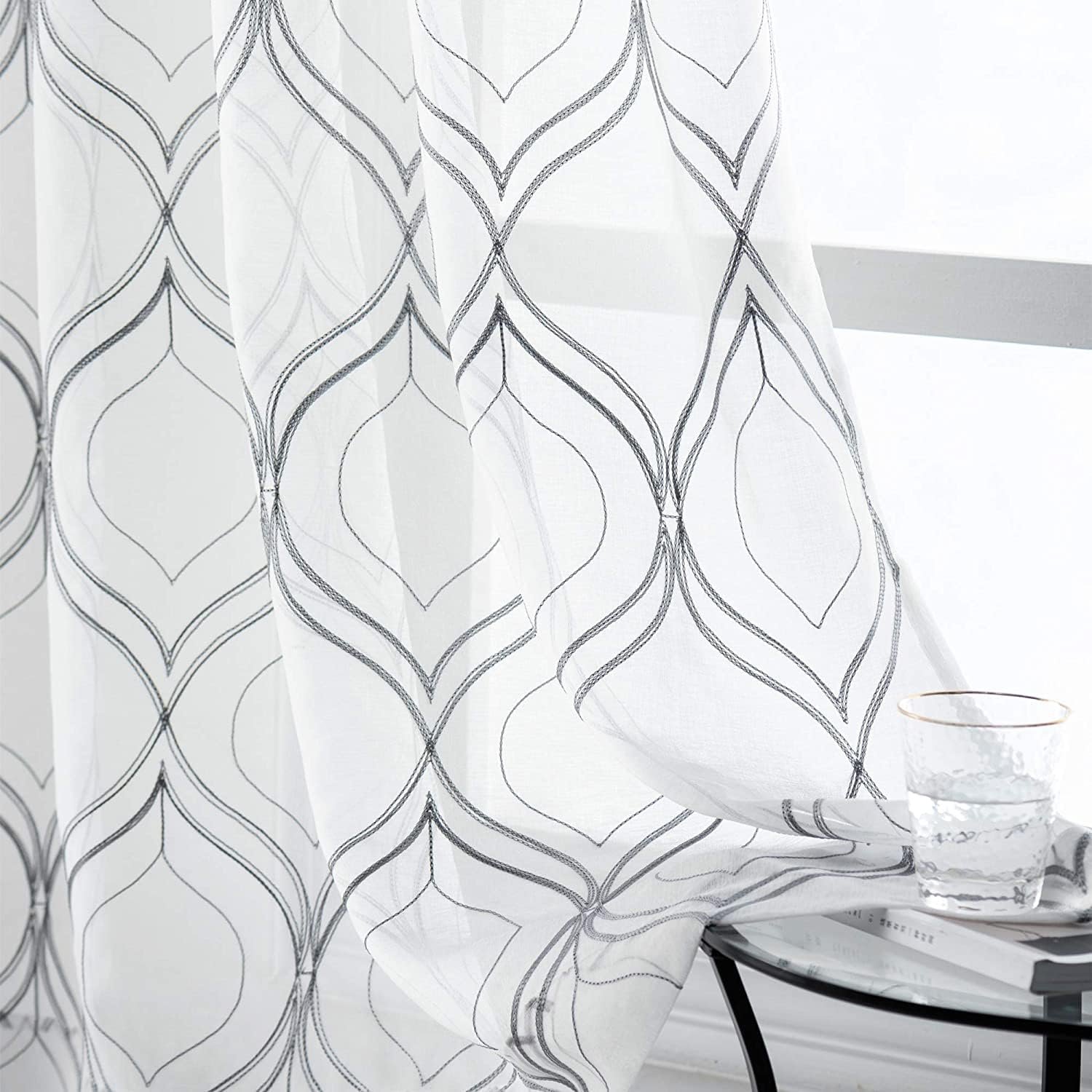 VISIONTEX White Sheer Curtains 84 Inches Long 2 Panels Set Grey Moroccan Embroidered Curtains Trellis French Textured Rod Pocket Voile Tulle Semi Window Drapes for Bedroom Living Room 54 x 84 Inches