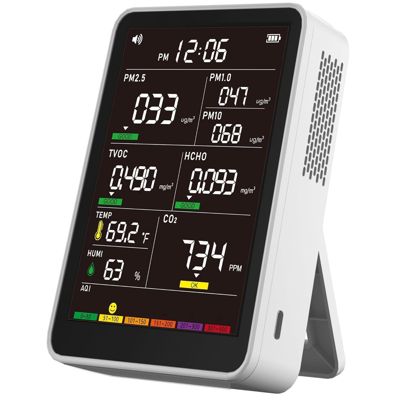 Professional Indoor Air Quality Monitor with AQI Alerts, Portable Real-Time Detector for Home, Car, Plants & Pet (Pearl White)