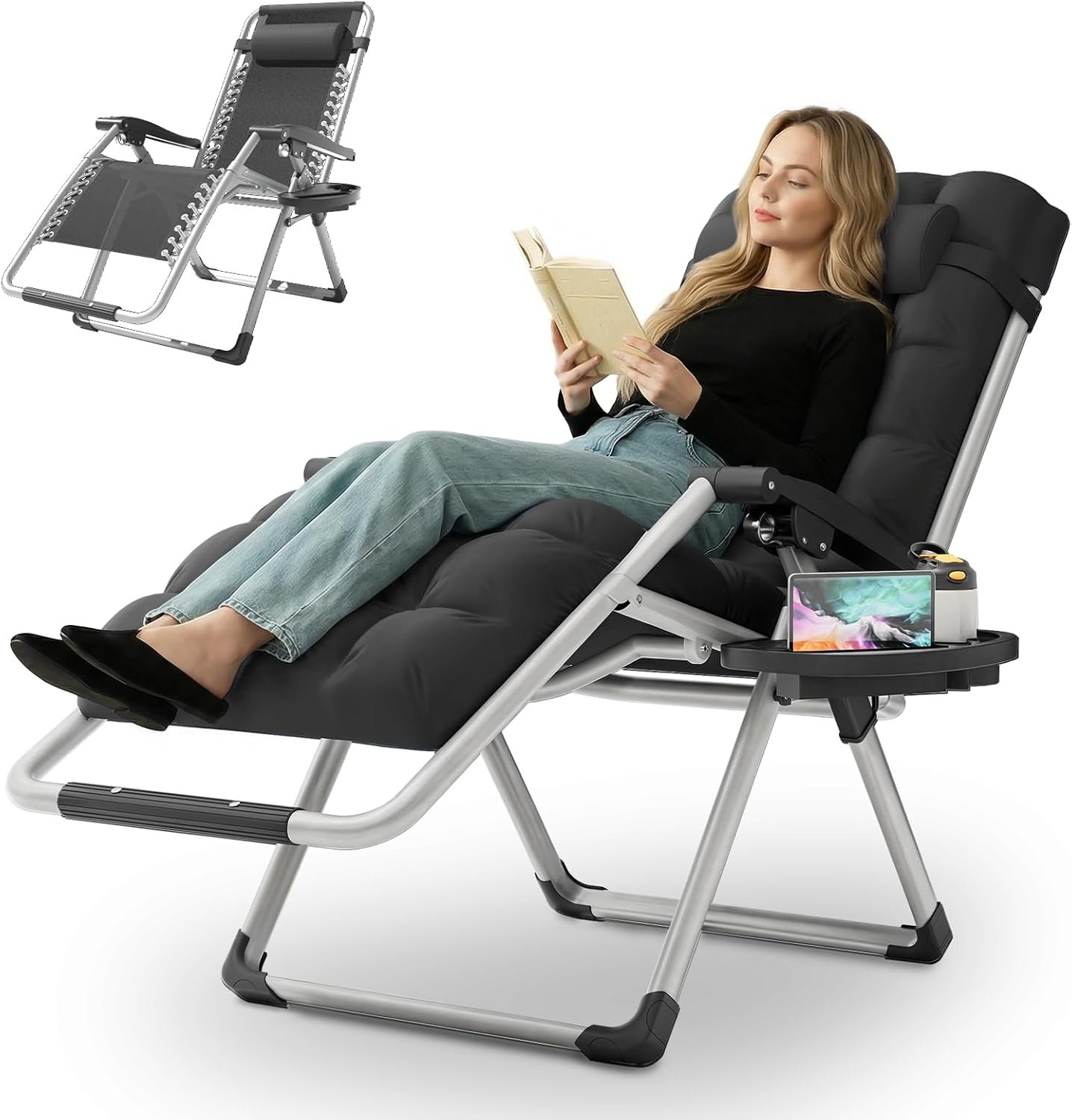 MoNiBloom Reinforced Zero Gravity Chair, Folding Pool Beach Lounger, Portable Tanning Chaise with Cushion, Headrest and Side Tray, 330lbs Capacity – Black