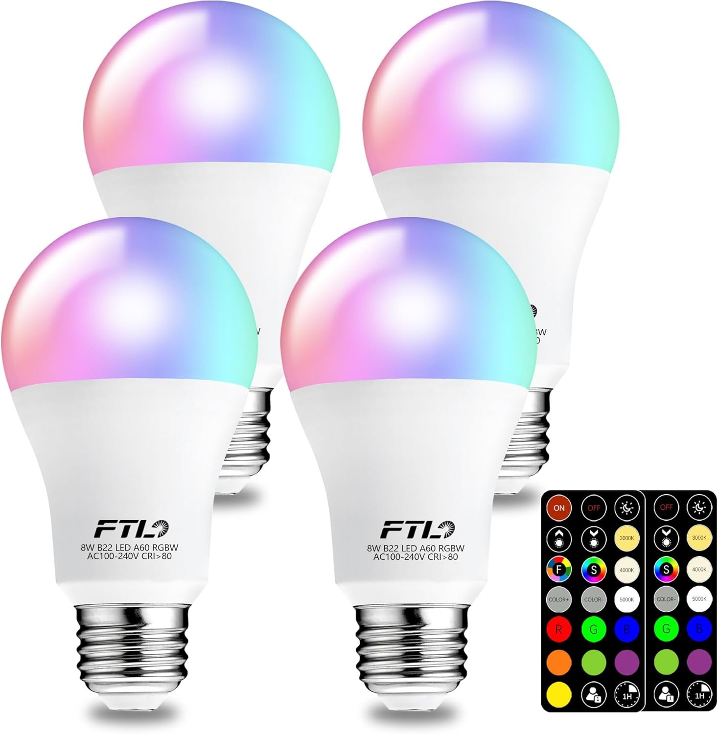 FTL Color Changing Light Bulb with Remote Control, A19 E26 Dimmable RGB LED Colored Light Bulbs 8W 60W Equivalent, 30 Colors, 2700K-6000K, Timer, Multi Color Recessed Light Bulbs for Bedroom, 4-Pack