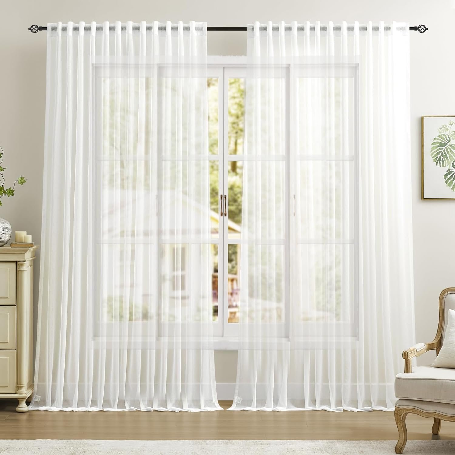 Dreaming Casa White Sheer Curtains 102 Inches Long, Rod Pocket & Back Tab Light Filtering Textured Sheers for Living Room Bedroom, 2 Panels, Each 100″ W x 102″ L