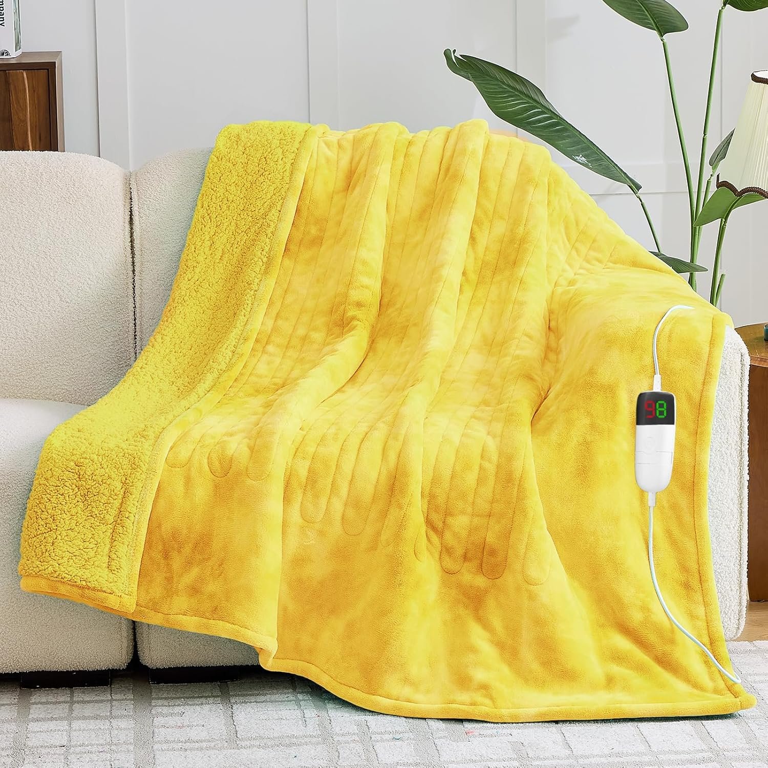 greenoak Heated Electric Blanket Throw, Faux Fur Sherpa Heating Blanket for Sofa Bed, Warm Winter Gifts for Women/Adults, Heater Lap Blankets 5-Position Timer &10 Heating Levels 50”*60″ Lemon