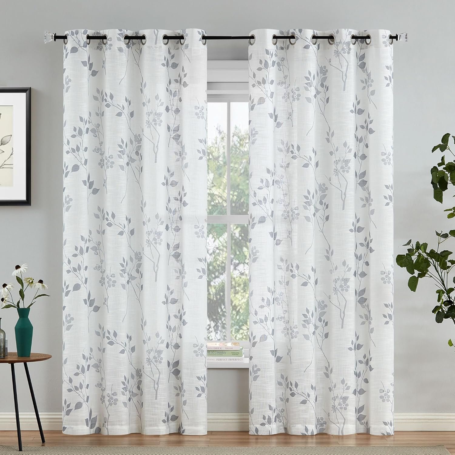Beauoop Floral Linen Semi Sheer Curtains 84 Inches Long 2 Panels for Living Room Bedroom Grey Farmhouse Flower Patterned Light Filtering Textured Grommet Top Window Treatments Drapes, 50×84 2 Set