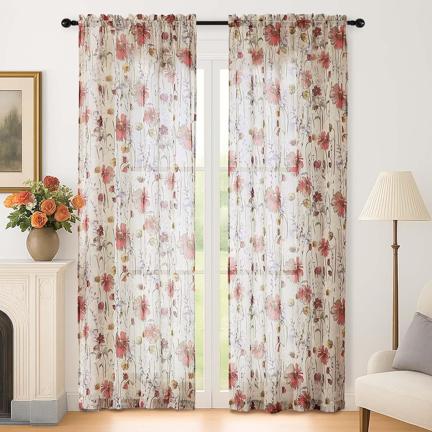 Lecloud Crushed Sheer Curtains 84 Inches Long 2 Panels, Airy Light Filtering Voile Floral Curtains for Living Room, Rod Pocket Romantic Window Curtain Drapes for Bedroom Dining Room, 42″ W x 84″ L