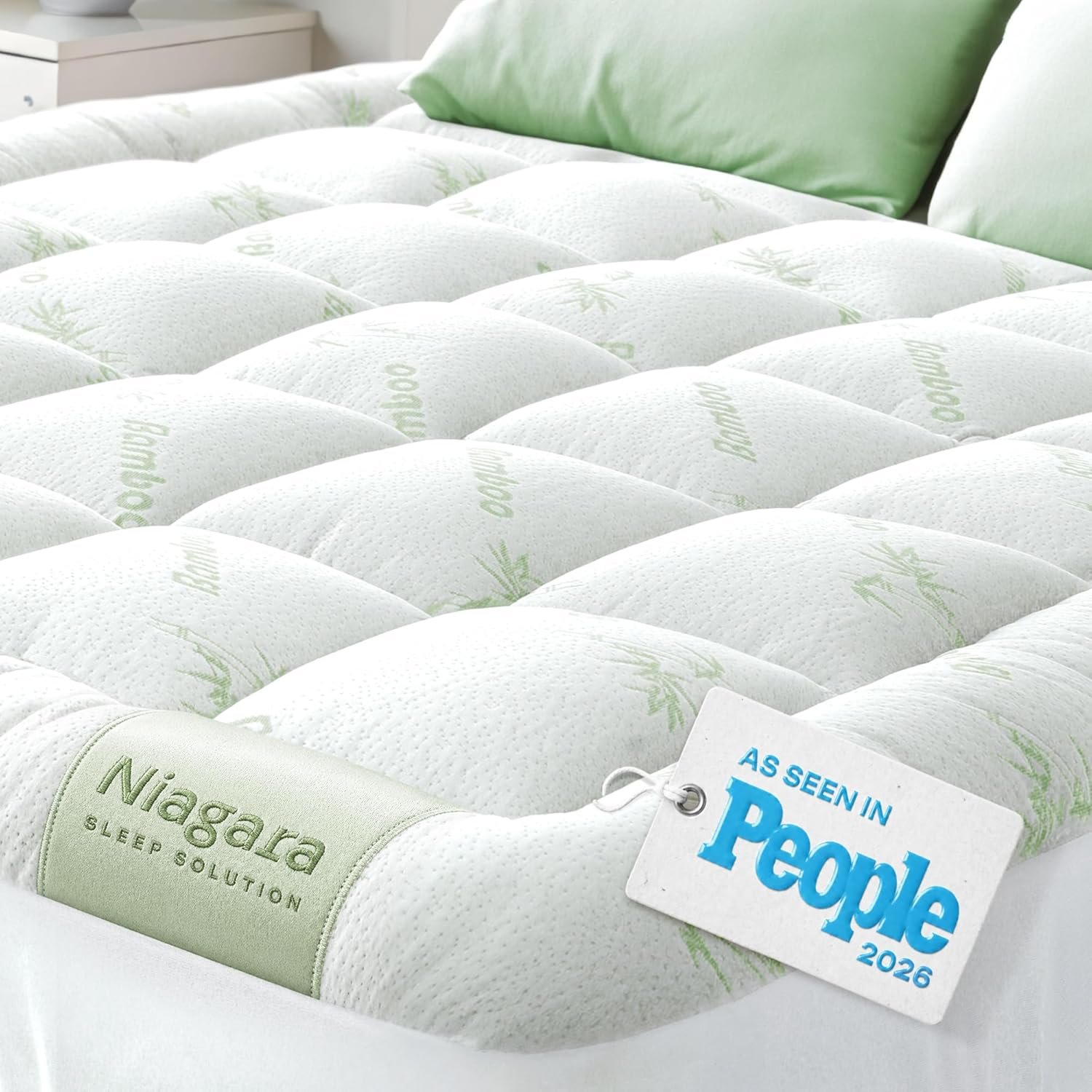 Niagara Sleep Solution Ultra Soft Queen Size Mattress Topper – Rayon Derived from Bamboo Pillow Top Mattress Pad for Back Pain Relief – Naturally Cooling for Hot Sleepers, Green